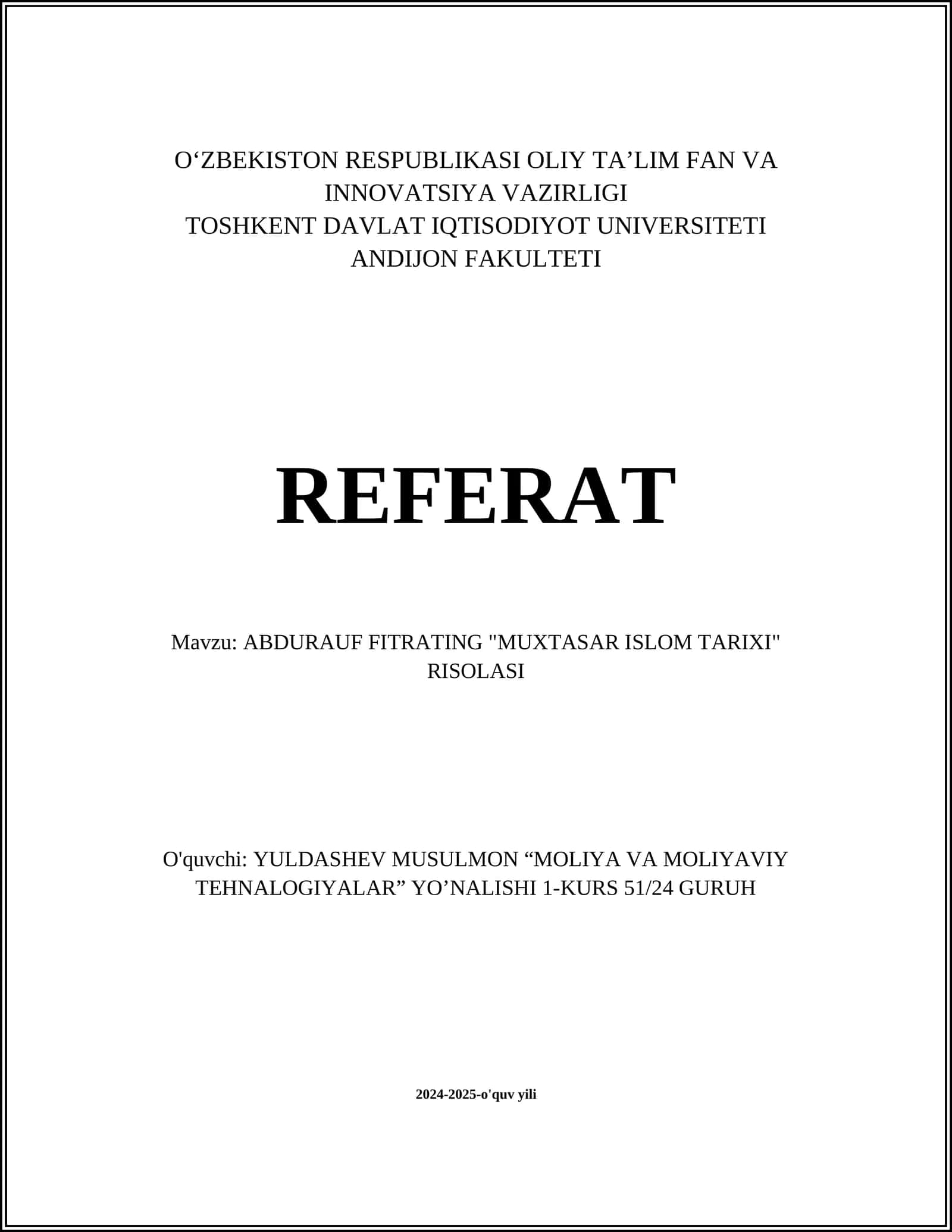 ABDURAUF FITRATING "MUXTASAR ISLOM TARIXI" RISOLASI 1