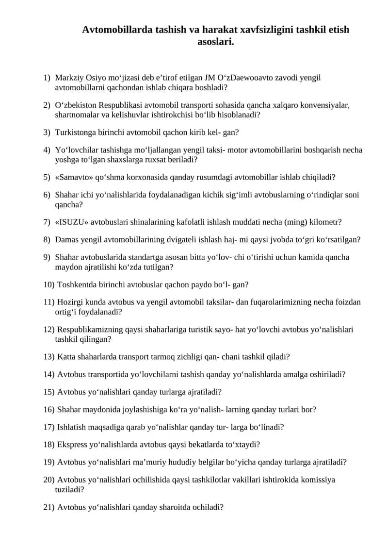 Avtomobillarda tashish va harakat xavfsizligini tashkil etish asoslari 1
