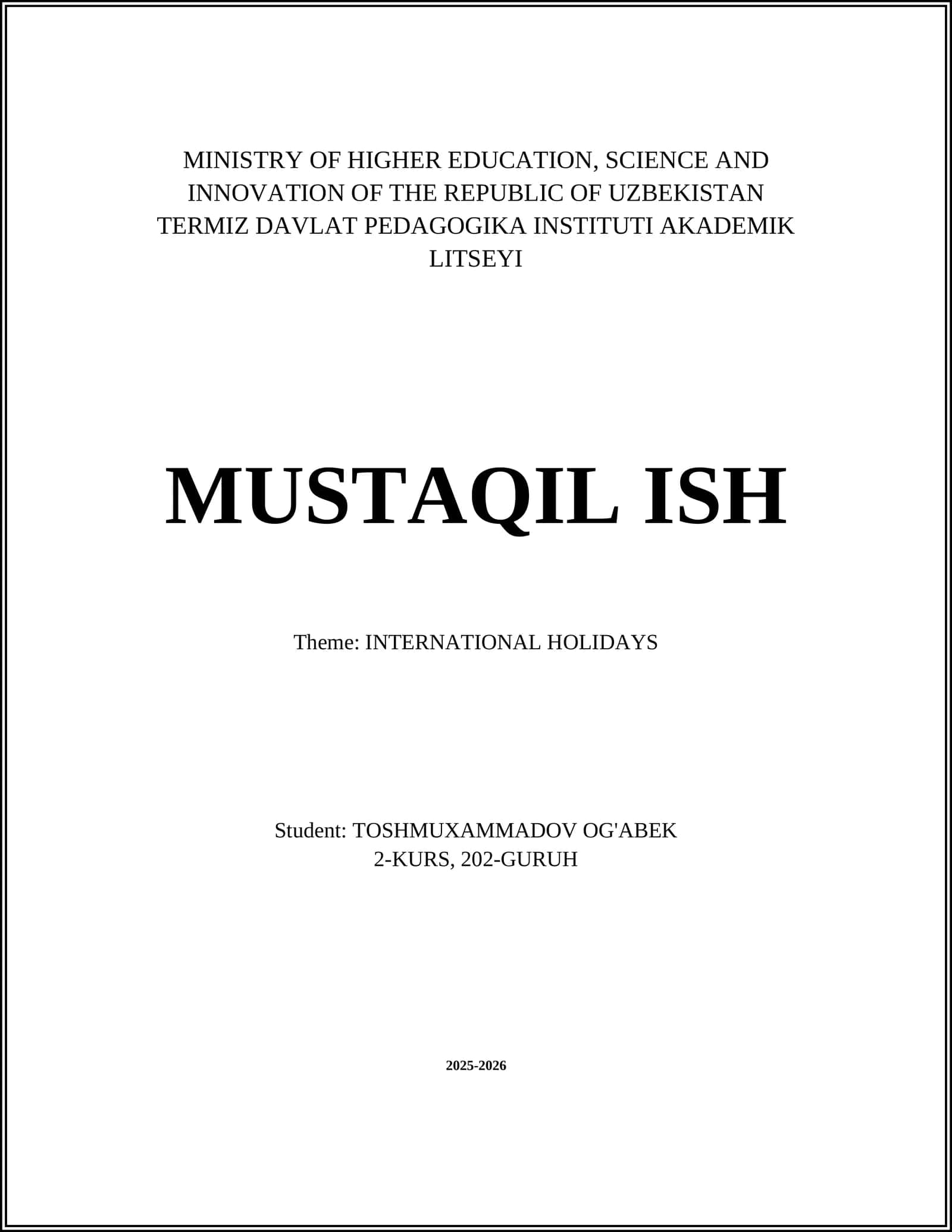 INTERNATIONAL HOLIDAYS 1