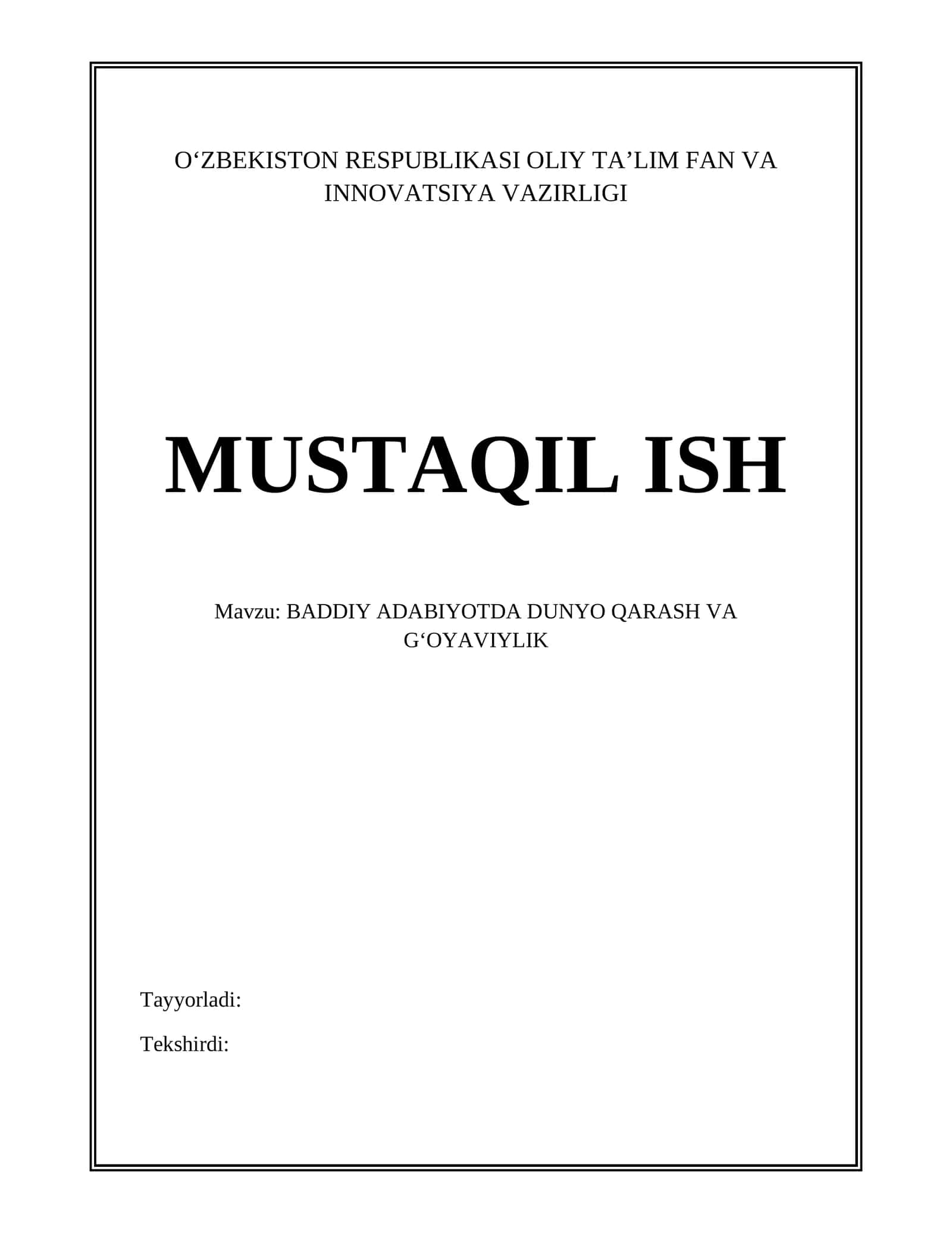 BADDIY ADABIYOTDA DUNYO QARASH VA GʻOYAVIYLIK 1