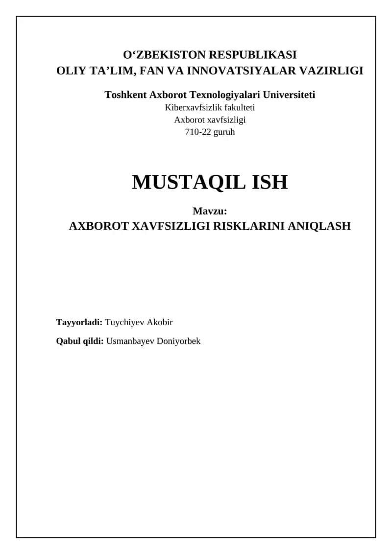 Axborot xavfsizligi risklarini aniqlash 1