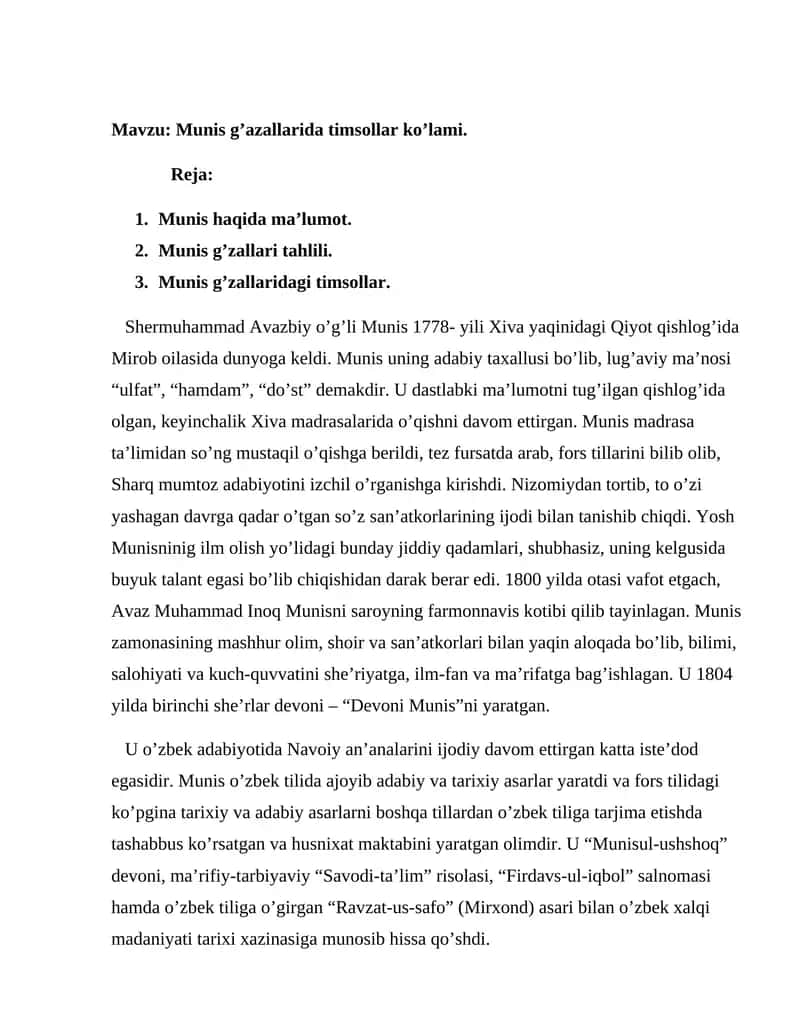 Munis g’azallarida timsollar ko’lami 1