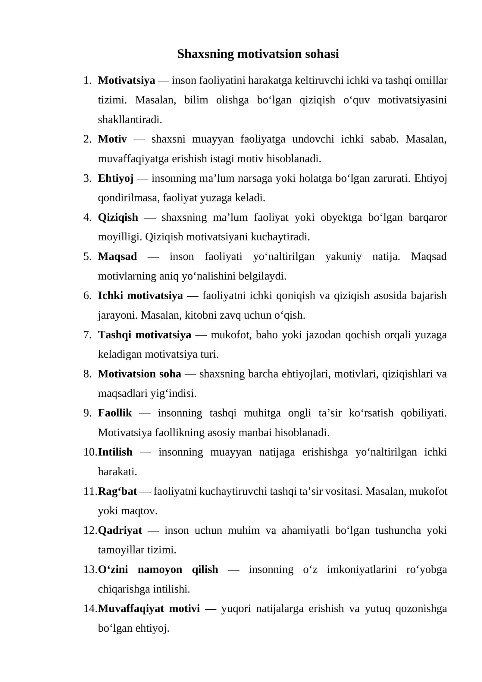Shaxsning motivatsion sohasi Glossariy 1
