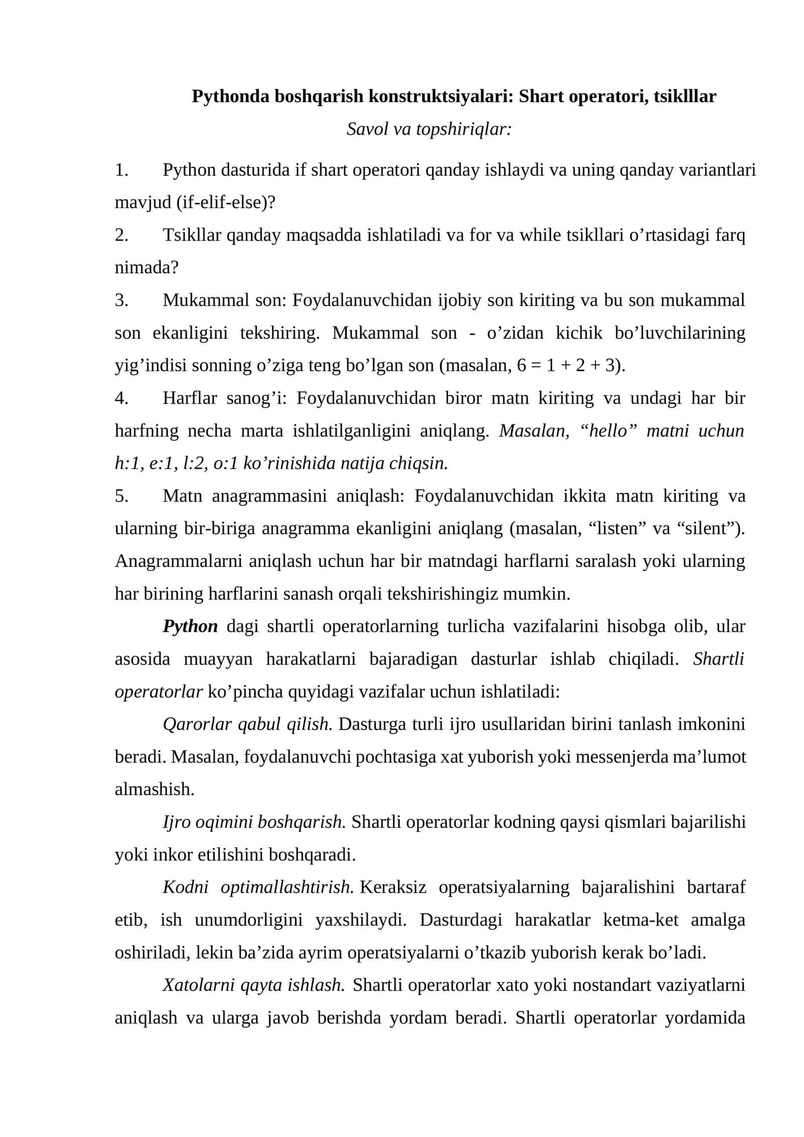 Pythonda boshqarish konstruktsiyalari: Shart operatori, tsiklllar 1