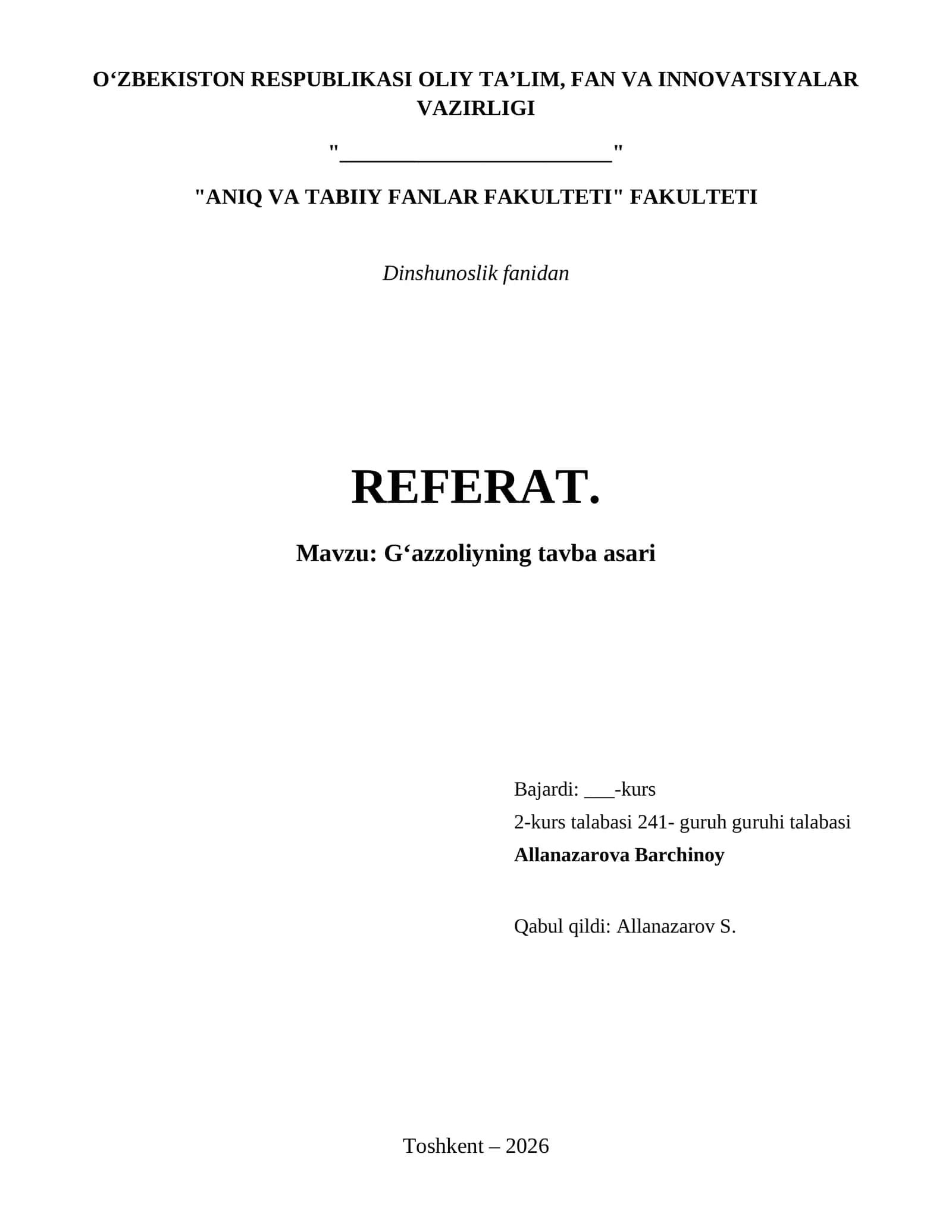 Gʻazzoliyning tavba asari 1