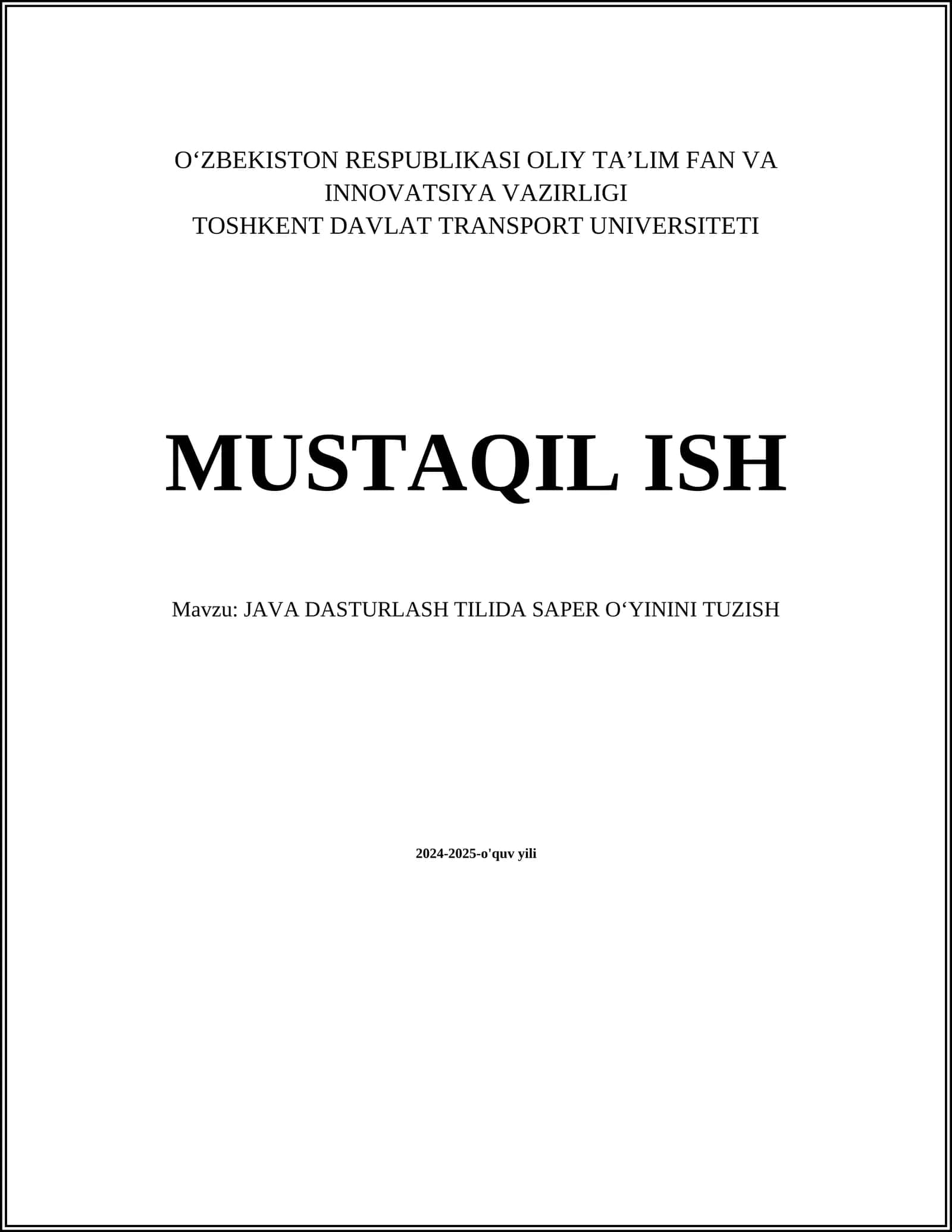 JAVA DASTURLASH TILIDA SAPER OʻYININI TUZISH 1