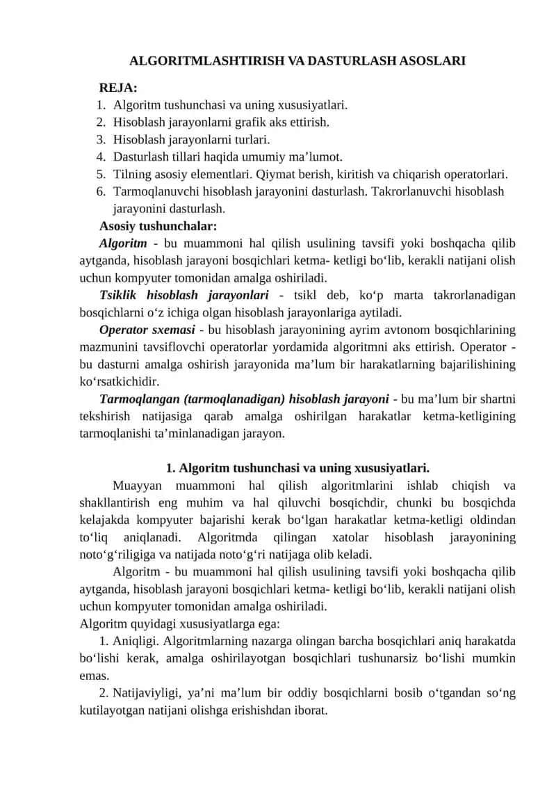 ALGORITMLASHTIRISH VA DASTURLASH ASOSLARI 1