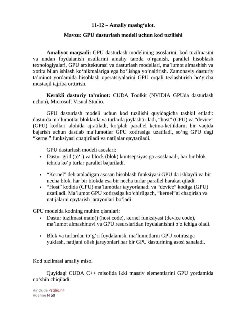 GPU dasturlash modeli uchun kod tuzilishi 1