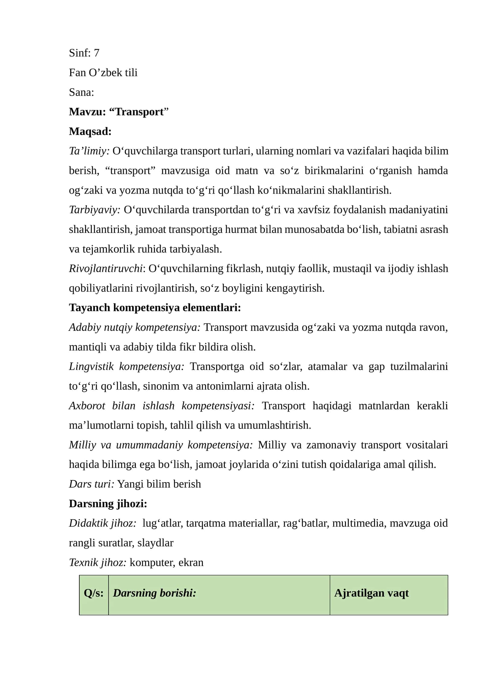 Transport dars ishlanma 7-sinf o'zb tili 1