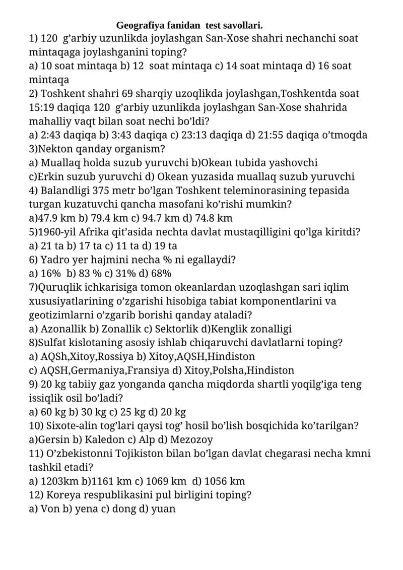 Geografiya fanidan test savollari 1
