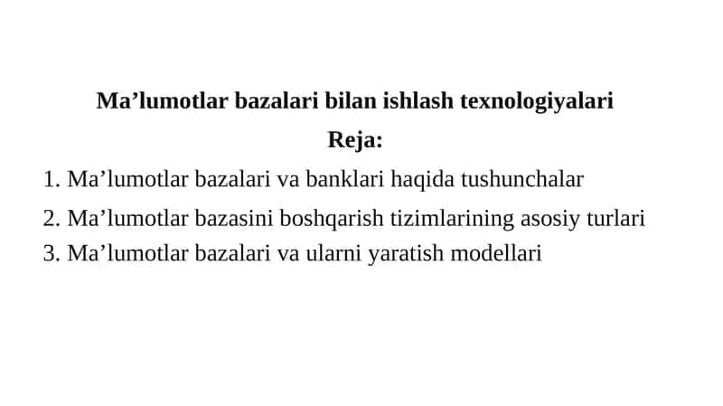 Ma’lumotlar bazalari bilan ishlash texnologiyalari 1