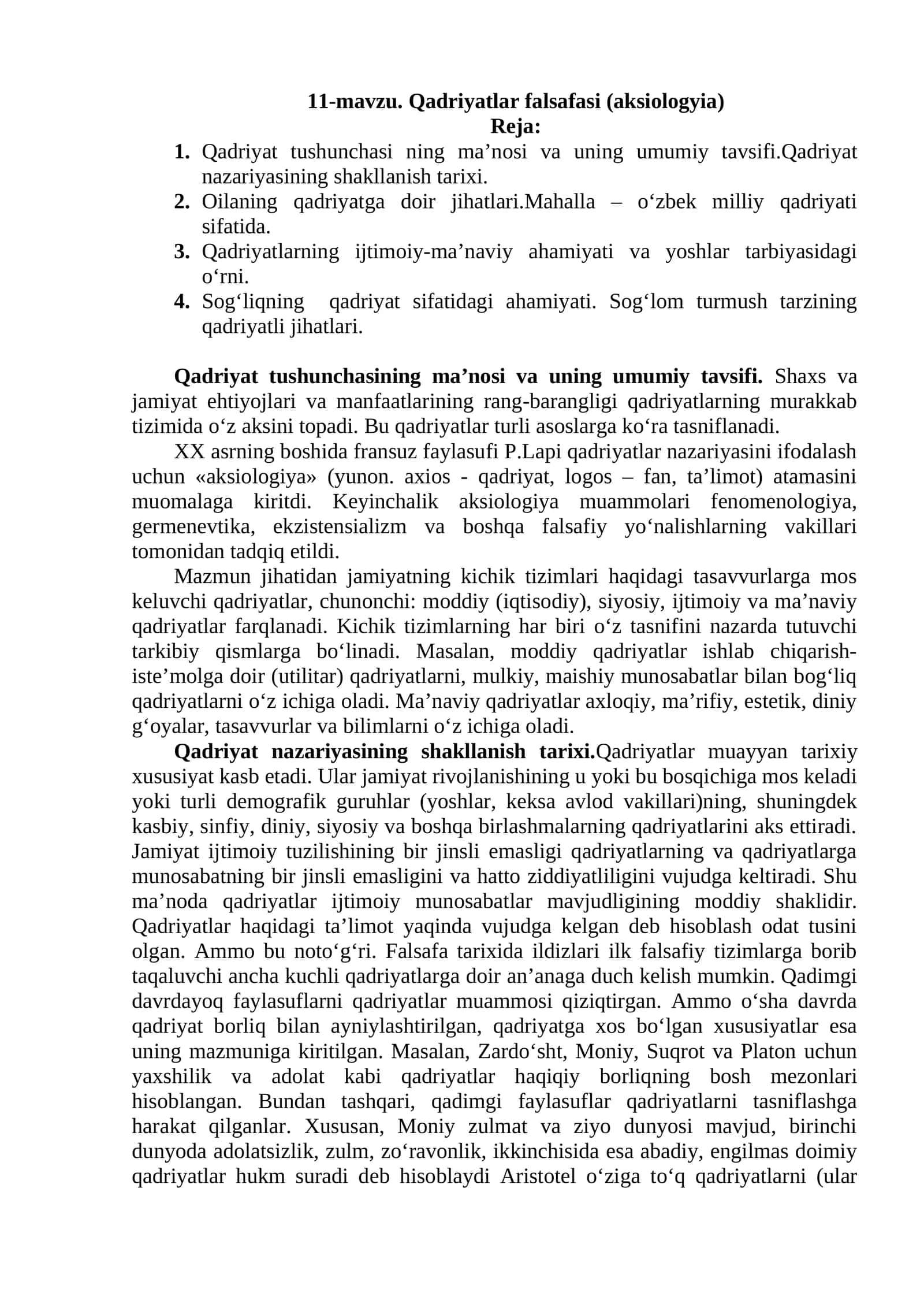 Qadriyatlar falsafasi (aksiologyia) 1