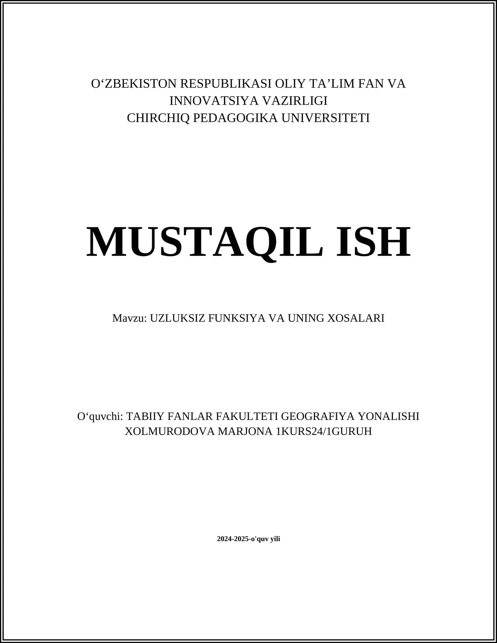 UZLUKSIZ FUNKSIYA VA UNING XOSALARI 1