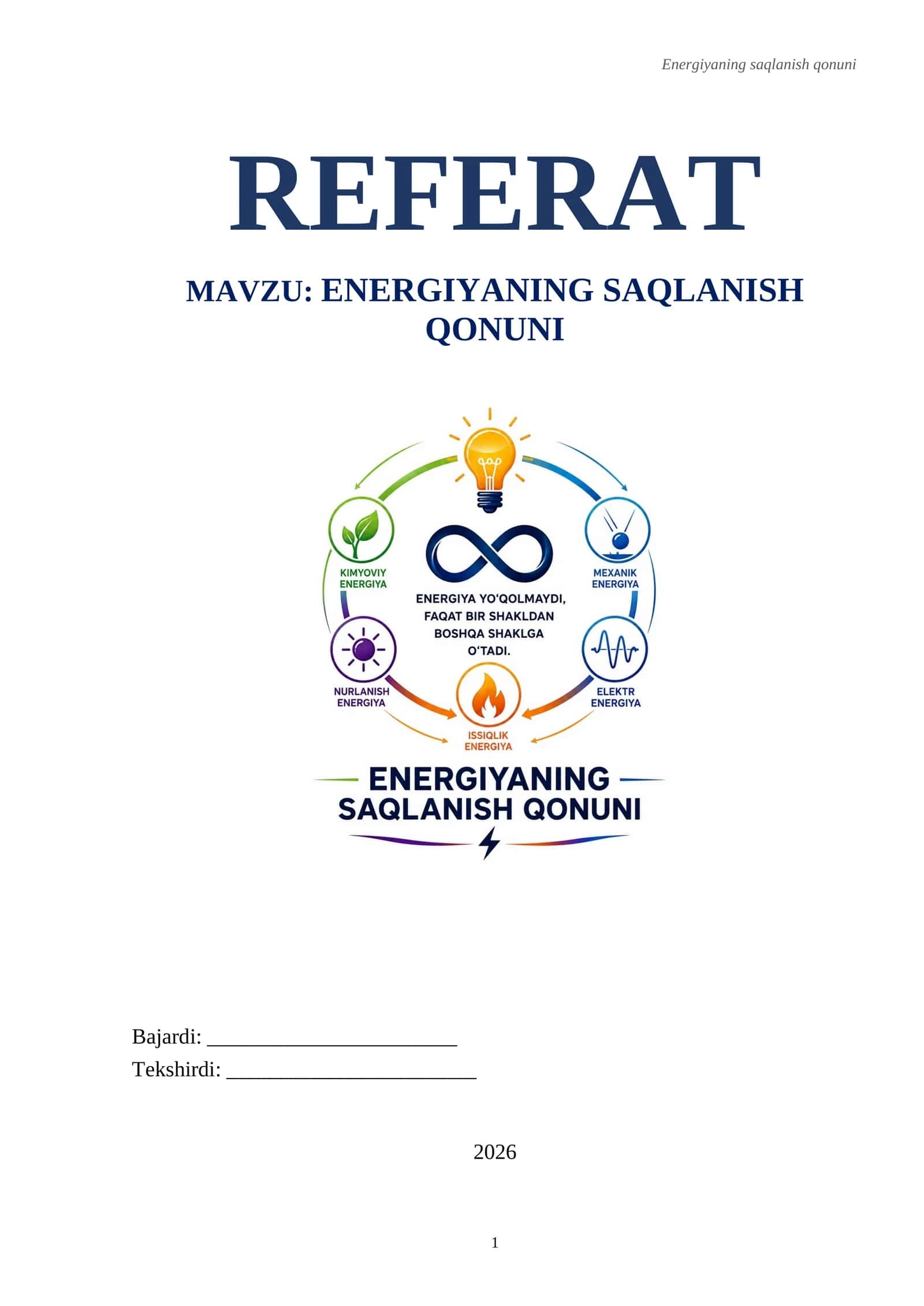 REFERAT. Energiyaning saqlanish qonuni 1