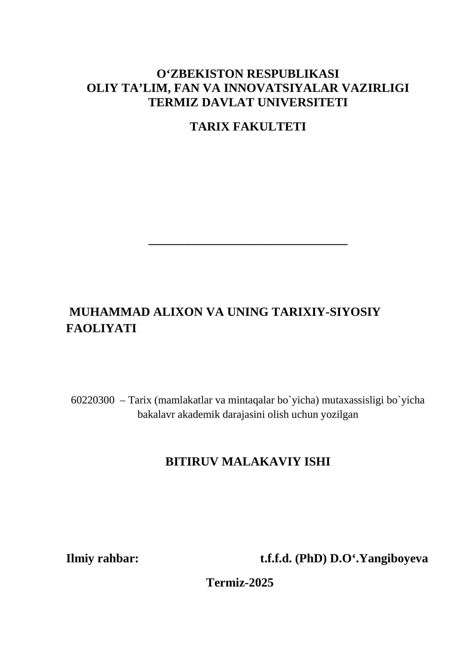 MUHAMMAD ALIXON VA UNING TARIXIY-SIYOSIY       FAOLIYATI 1