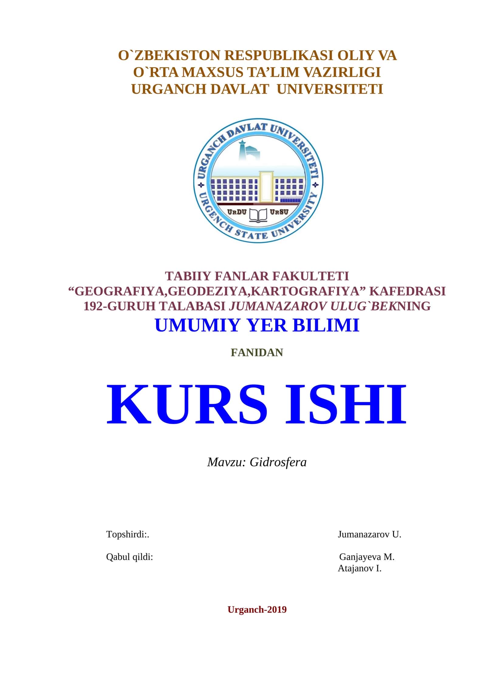Gidrosfera kurs ishi 1