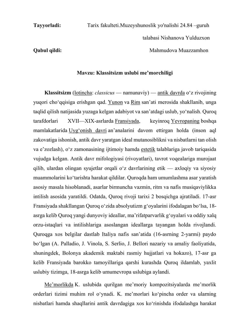 Klassitsizm uslubi me’morchiligi 1
