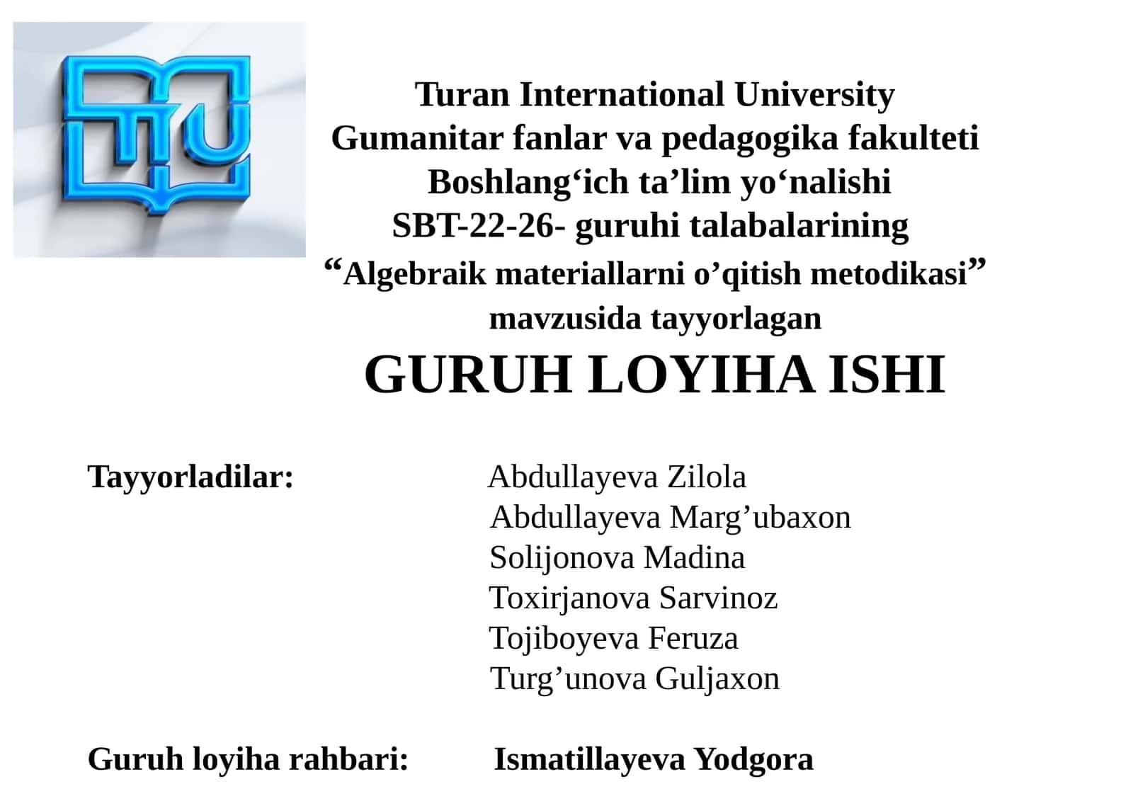 Algebraik materiallarni o'qitish metodikasi 1