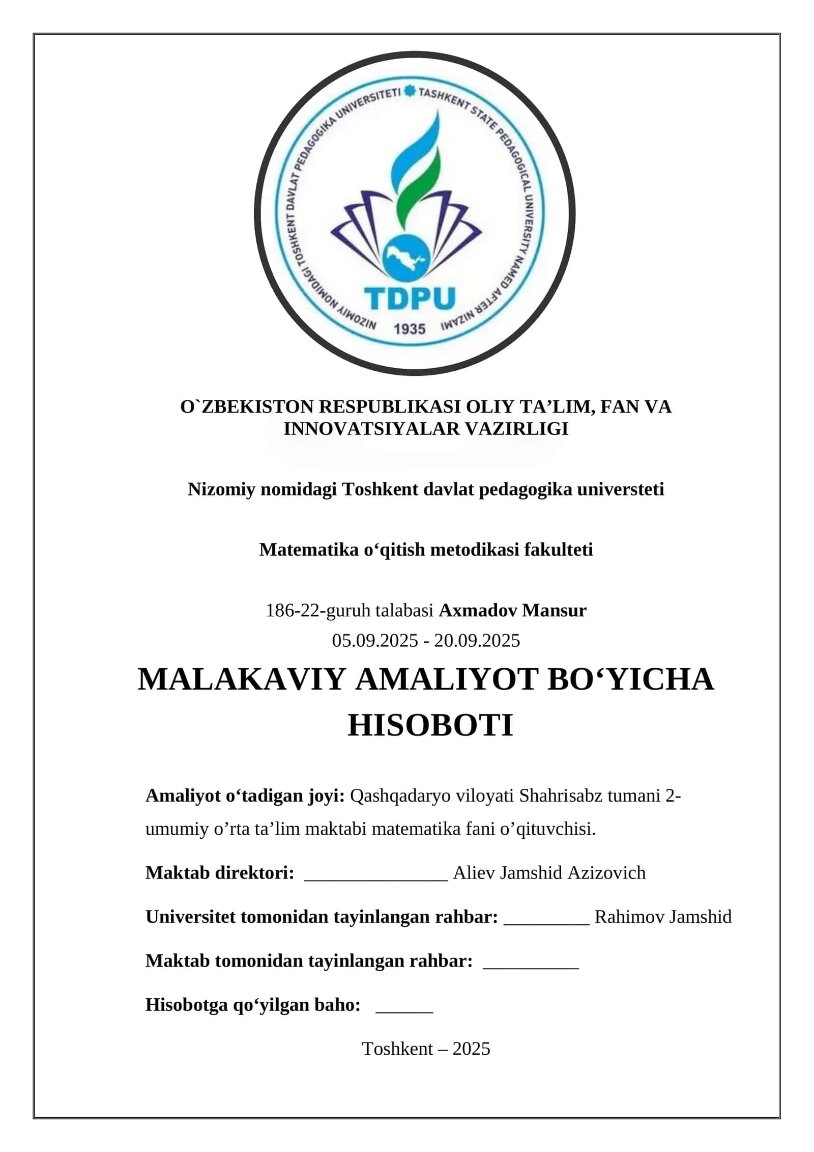 MALAKAVIY AMALIYOT BO‘YICHA HISOBOTI 1