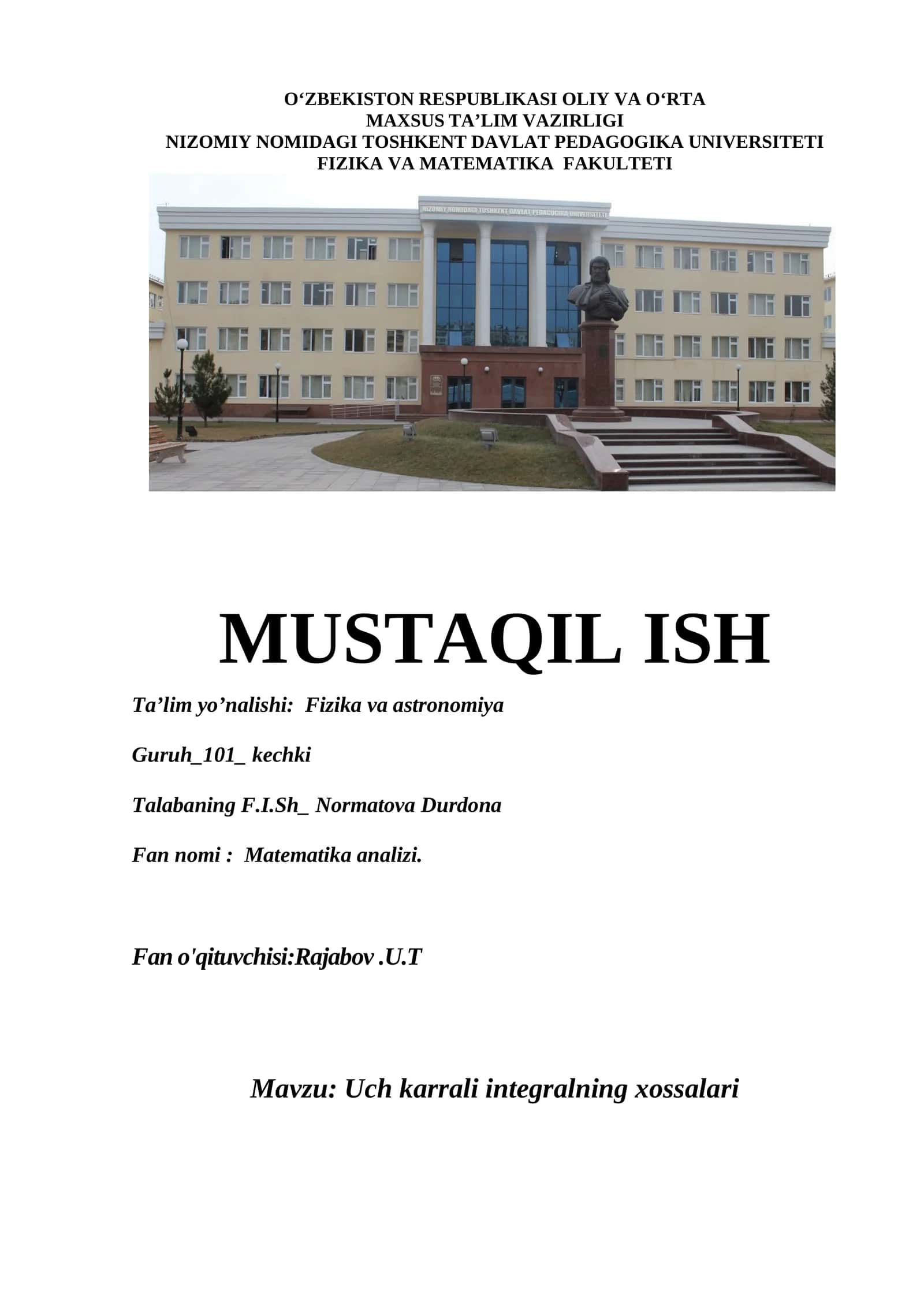 Uch karrali integralning xossalari 1