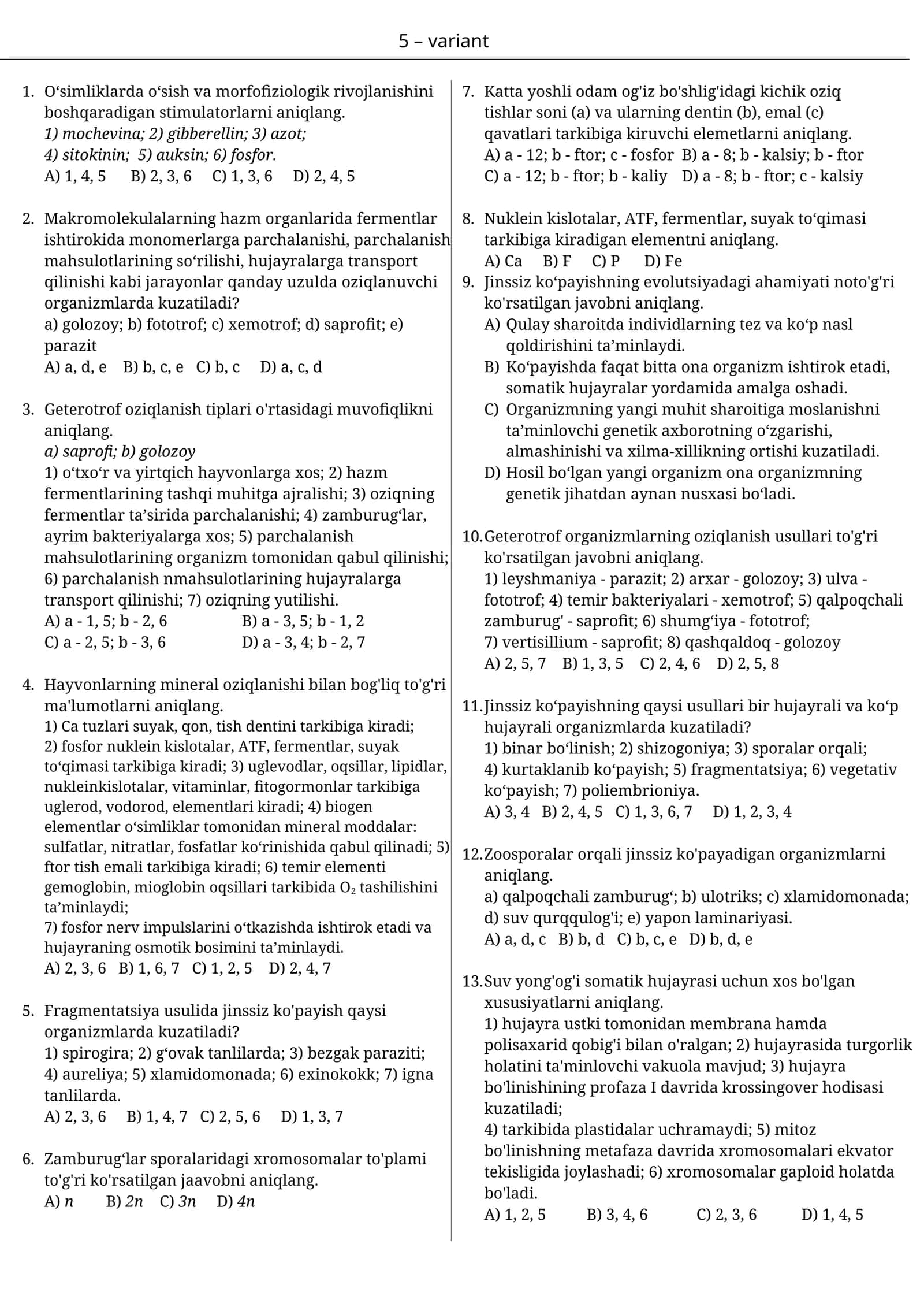 10-sinf biologiya test 5- variant 1