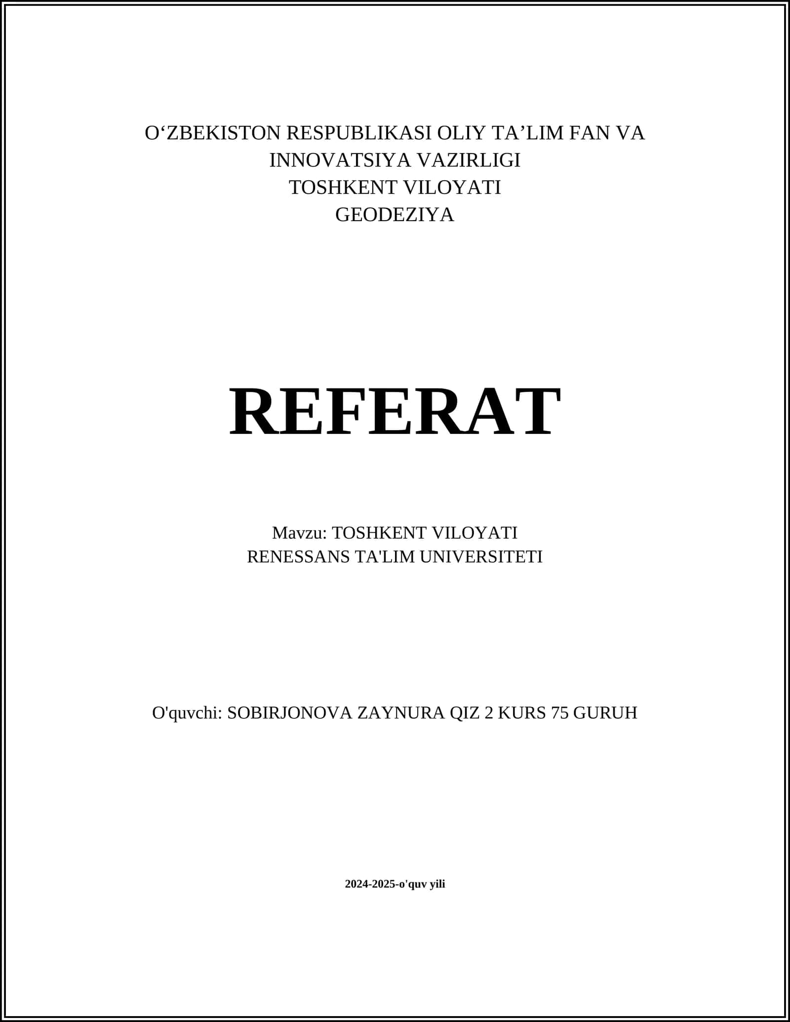 REFERAT TOSHKENT VILOYATI 1