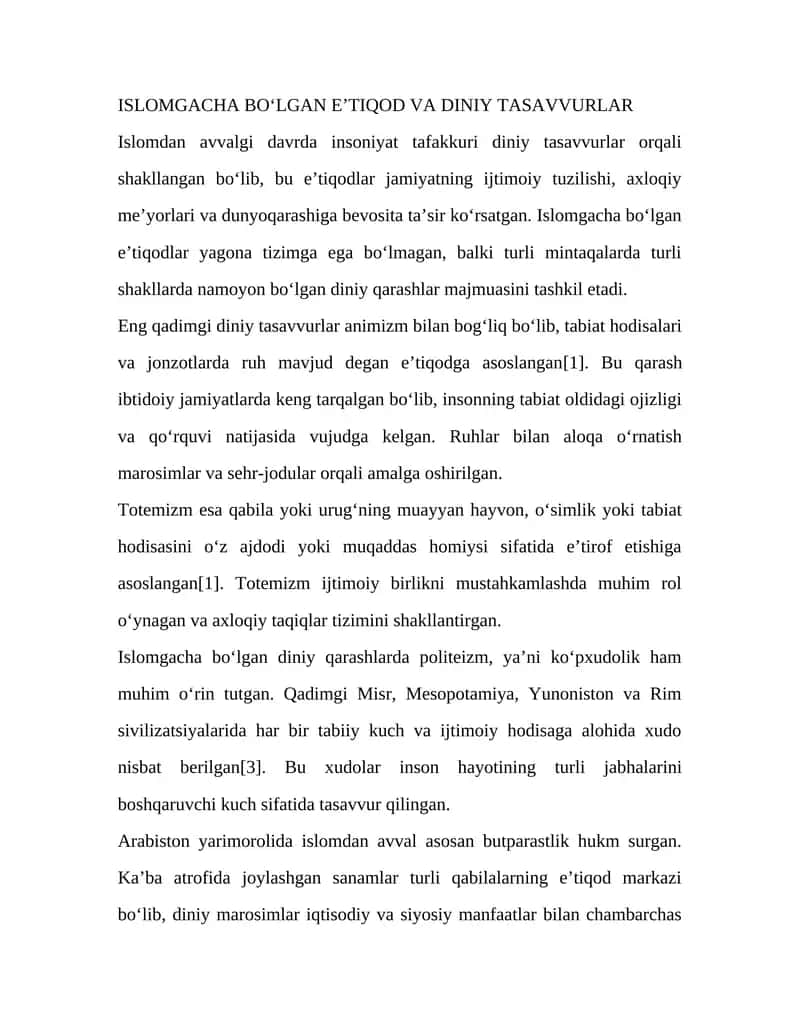 Islomgacha bo‘lgan E’tiqod va Diniy Tasavvurlar 1