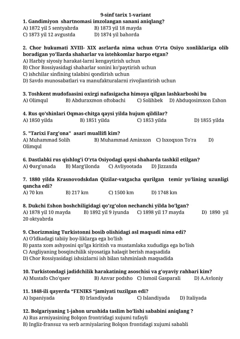9-sinf tarix 1-variant 1