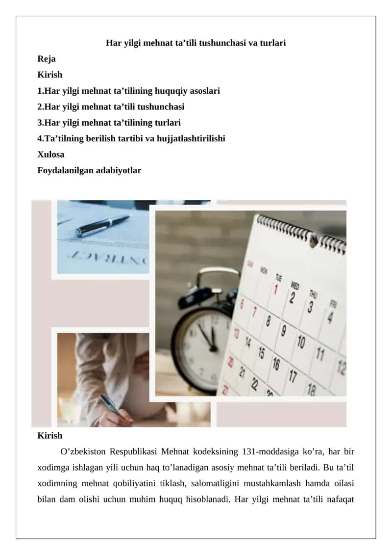 Har yilgi mehnat ta’tili tushunchasi va turlari 1
