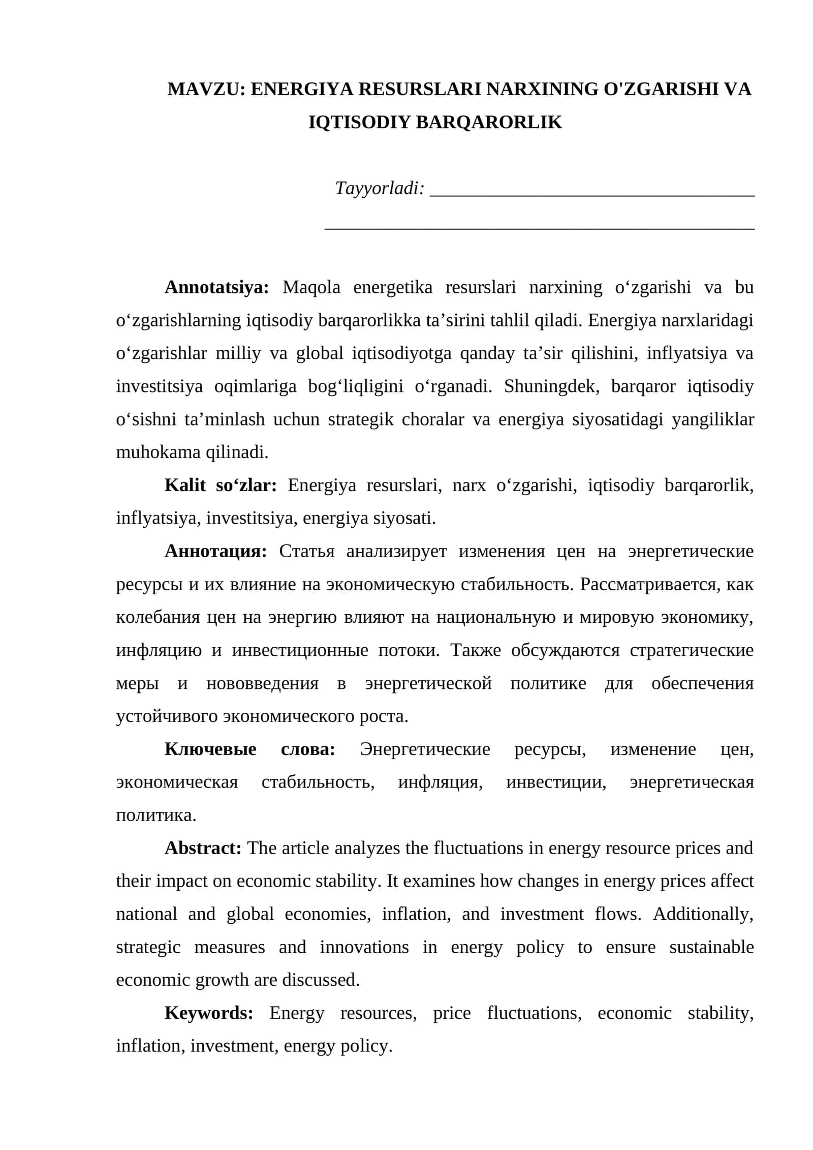 ENERGIYA RESURSLARI NARXINING O'ZGARISHI VA IQTISODIY BARQARORLIK 1