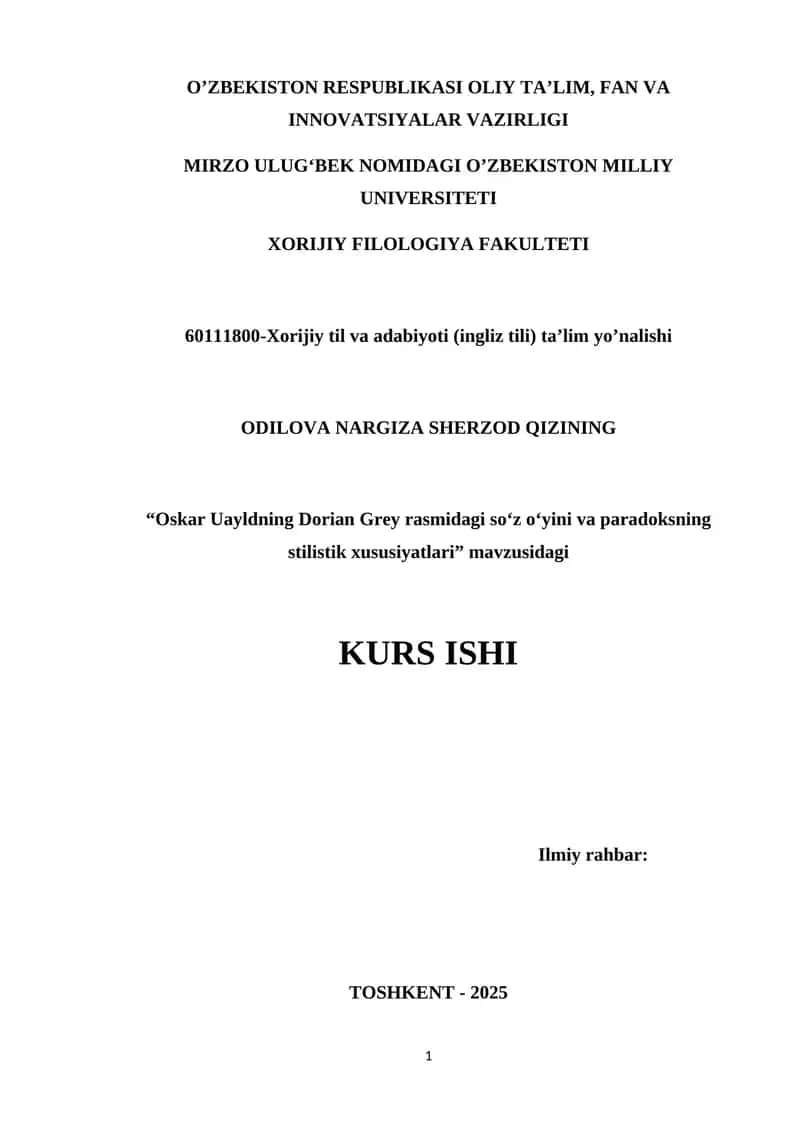 Оskаr Uаyldning Dоriаn Grеy rаsmidаgi sо‘z о‘yini vа pаrаdоksning stilistik xususiyаtlаri 1