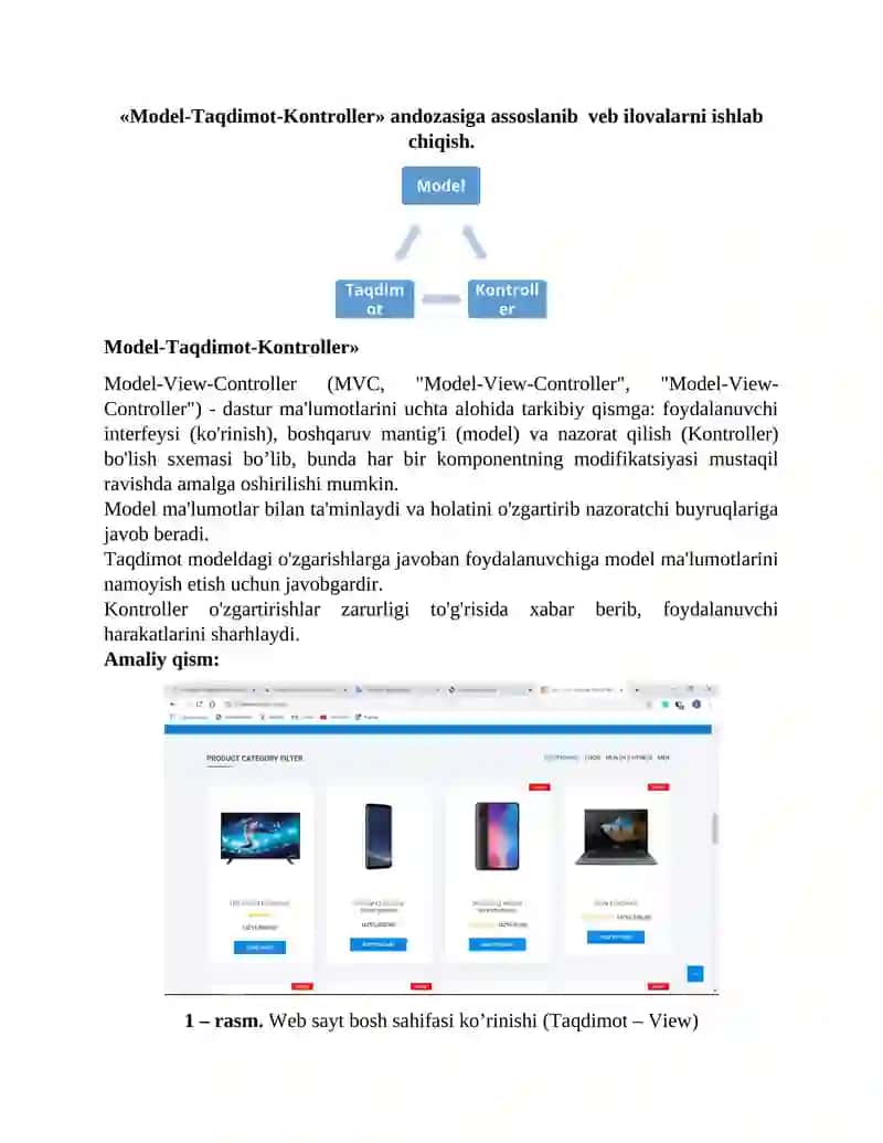 Model-Taqdimot-Kontroller andozasiga assoslanib veb ilovalarni ishlab chiqish.