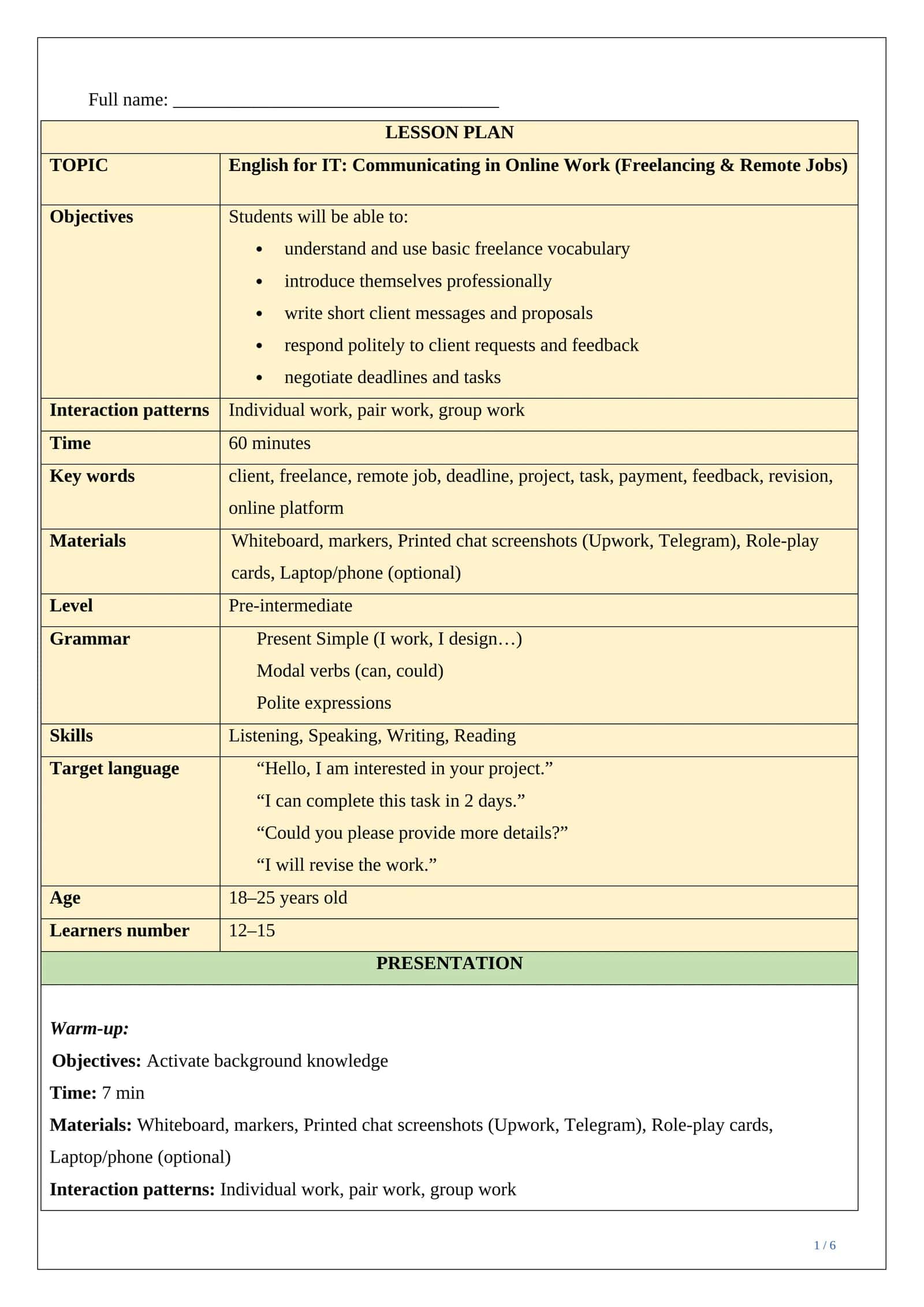 Lesson plan ESP focusing on English for IT, teaching freelance 1