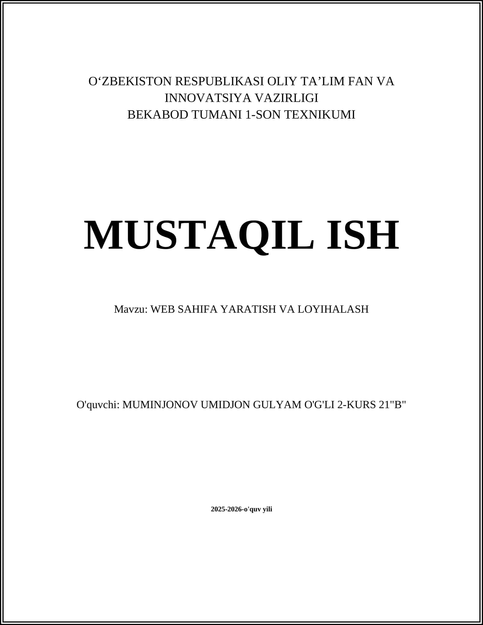 WEB SAHIFA YARATISH VA LOYIHALASH 1