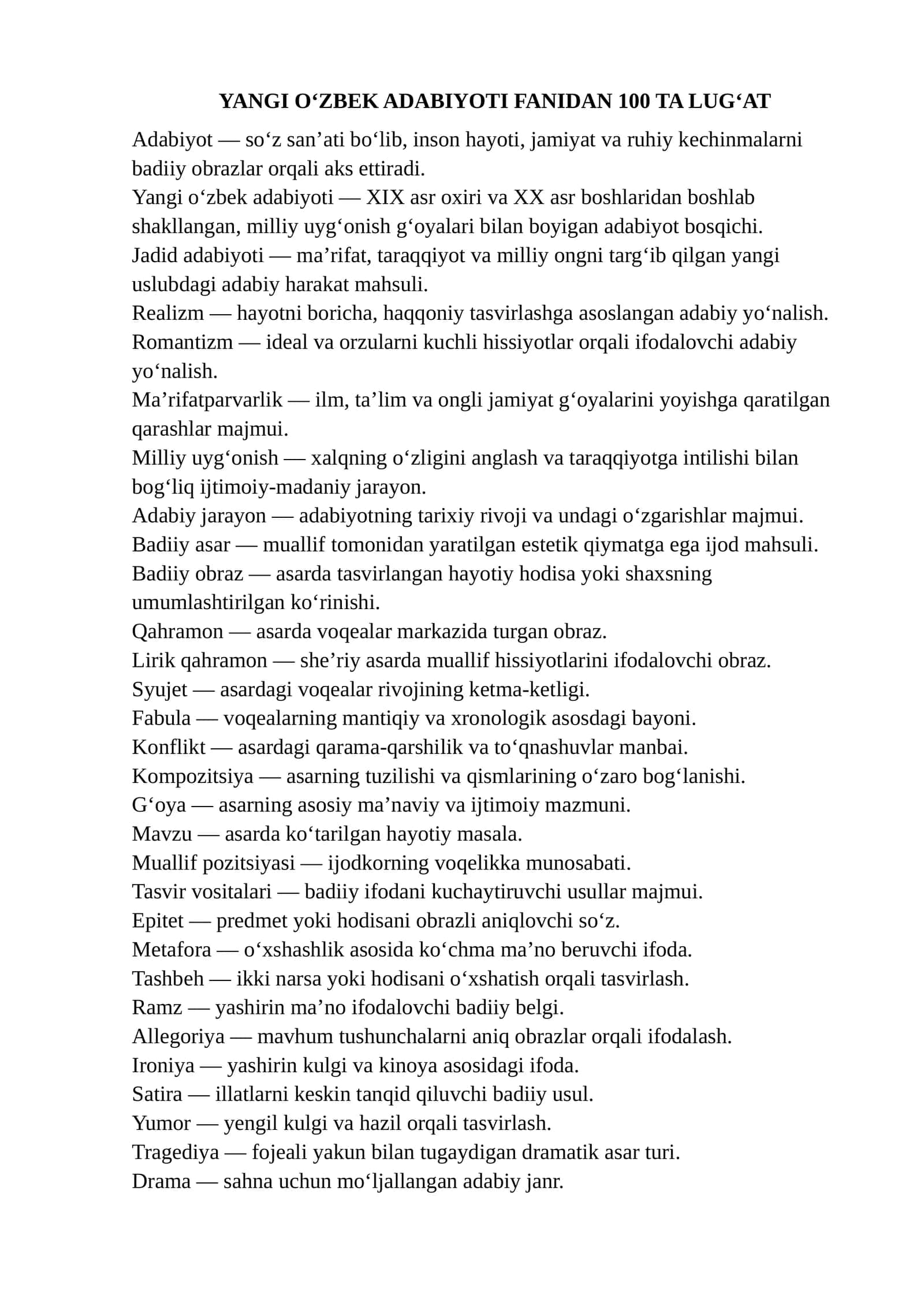 YANGI O‘ZBEK ADABIYOTIDAN 100 TA LUG‘AT 1