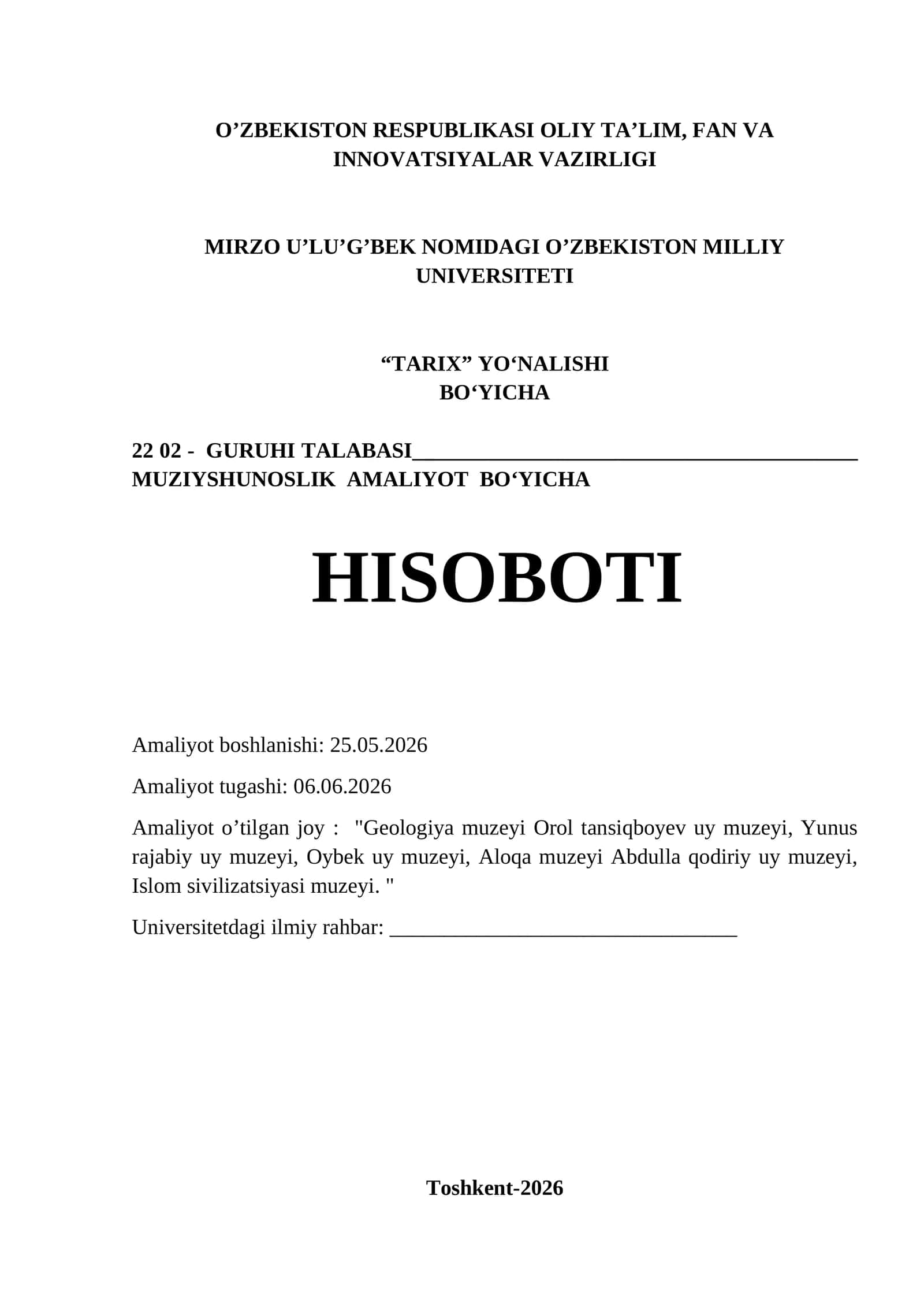 Muzeyshunoslik amaliyot bo‘yicha 1