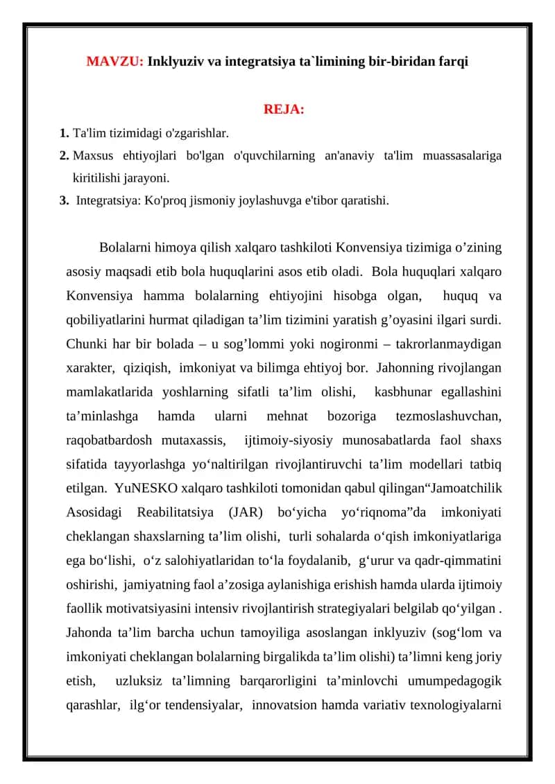 Inklyuziv va integratsiya ta`limining bir-biridan farqi 1