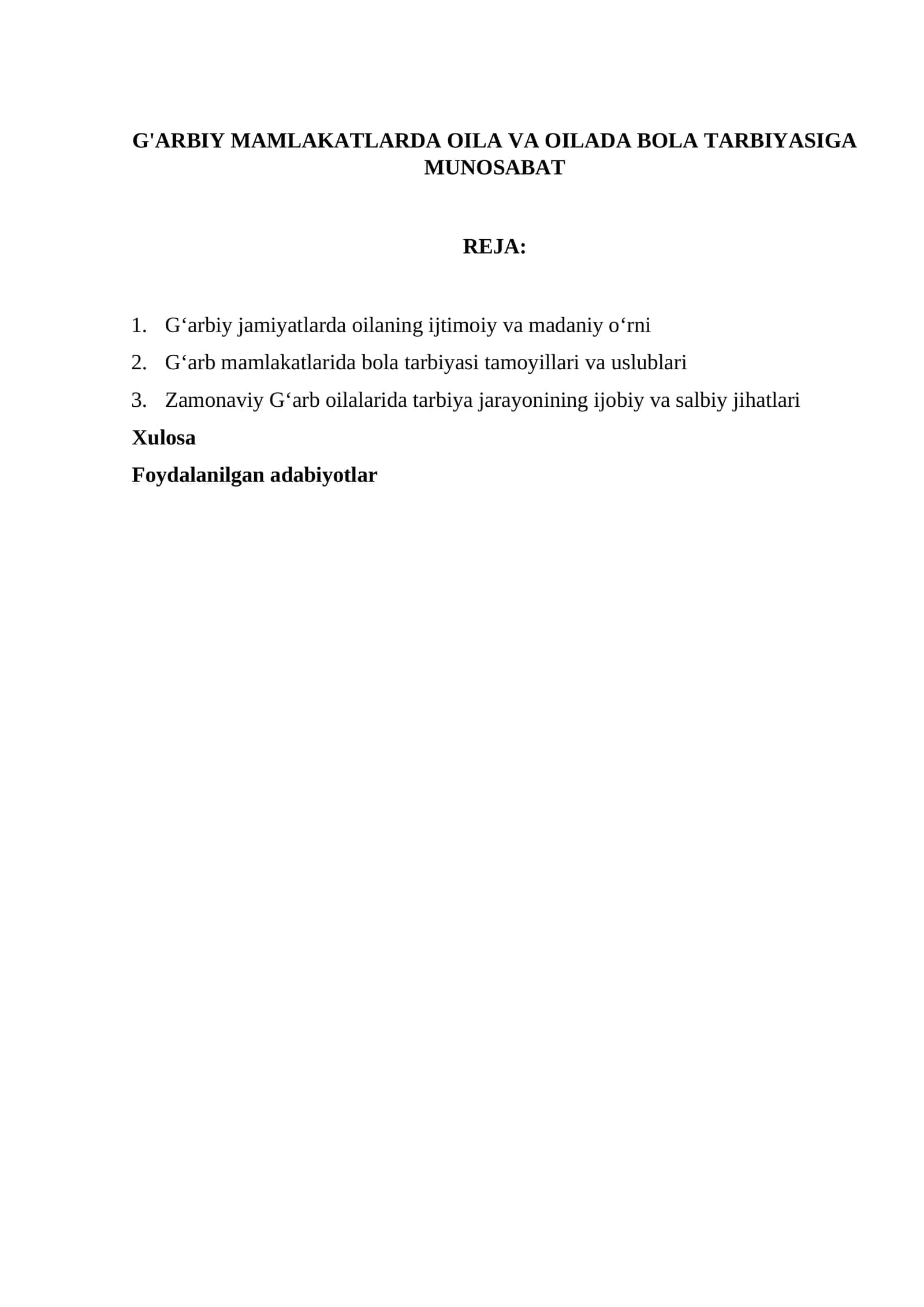 G'ARBIY MAMLAKATLARDA OILA VA OILADA BOLA TARBIYASIGA MUNOSABAT 1