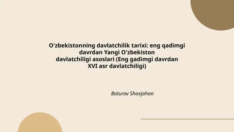 O'zbekistonning davlatchilik tarixi: eng qadimgi davrdan Yangi O'zbekiston davlatchiligi asoslari (Eng gadimgi davrdan XVI asr davlatchiligi) 1