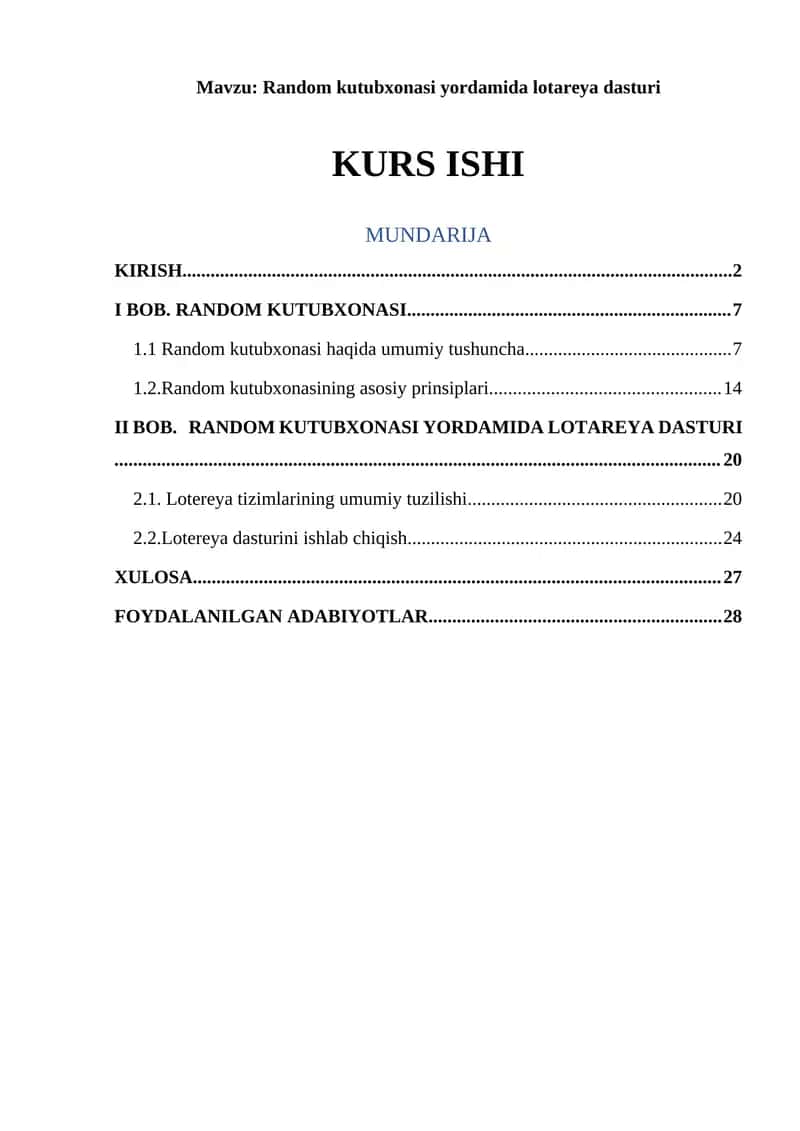 Random kutubxonasi yordamida lotareya dasturi 1