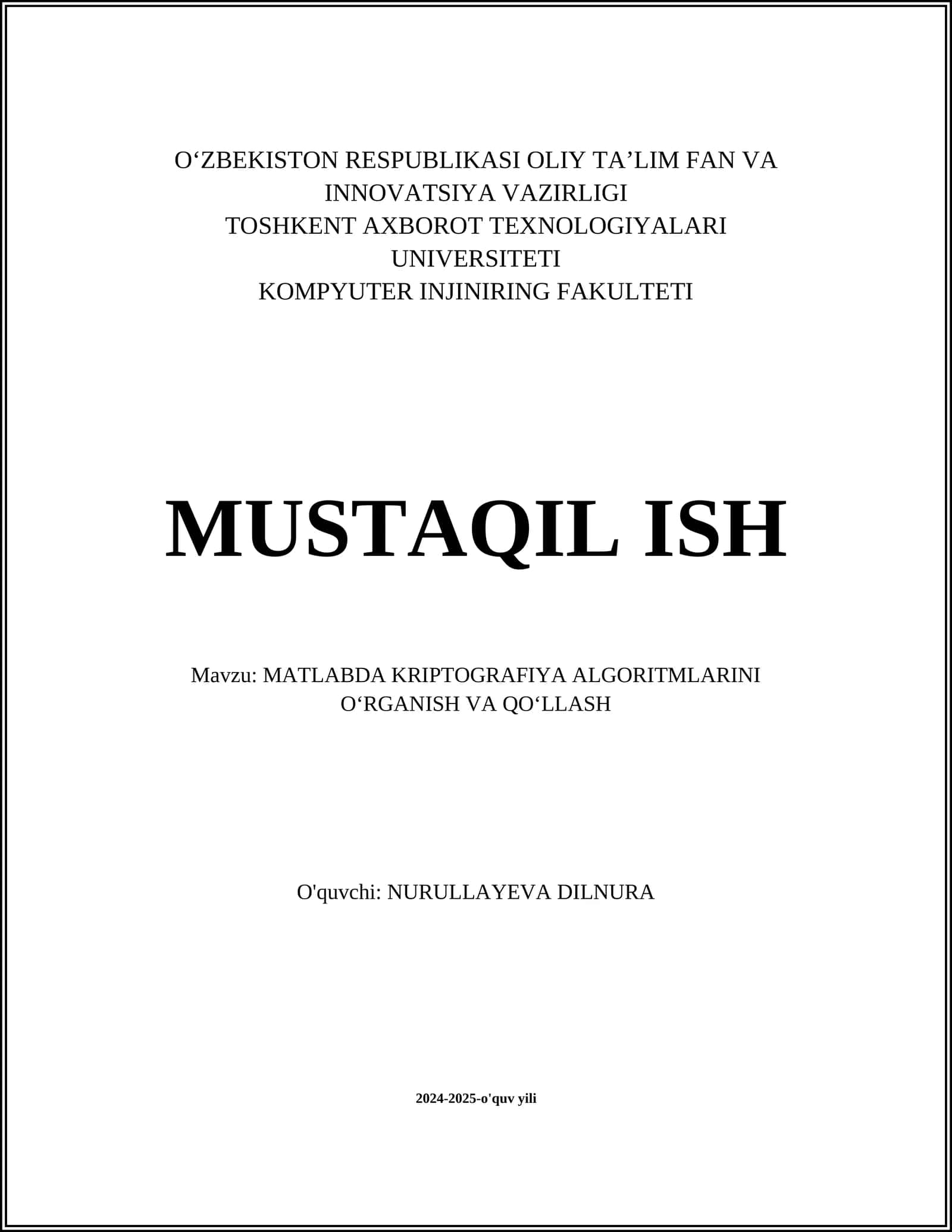 MATLABDA KRIPTOGRAFIYA ALGORITMLARINI O‘RGANISH VA QO‘LLASH 1