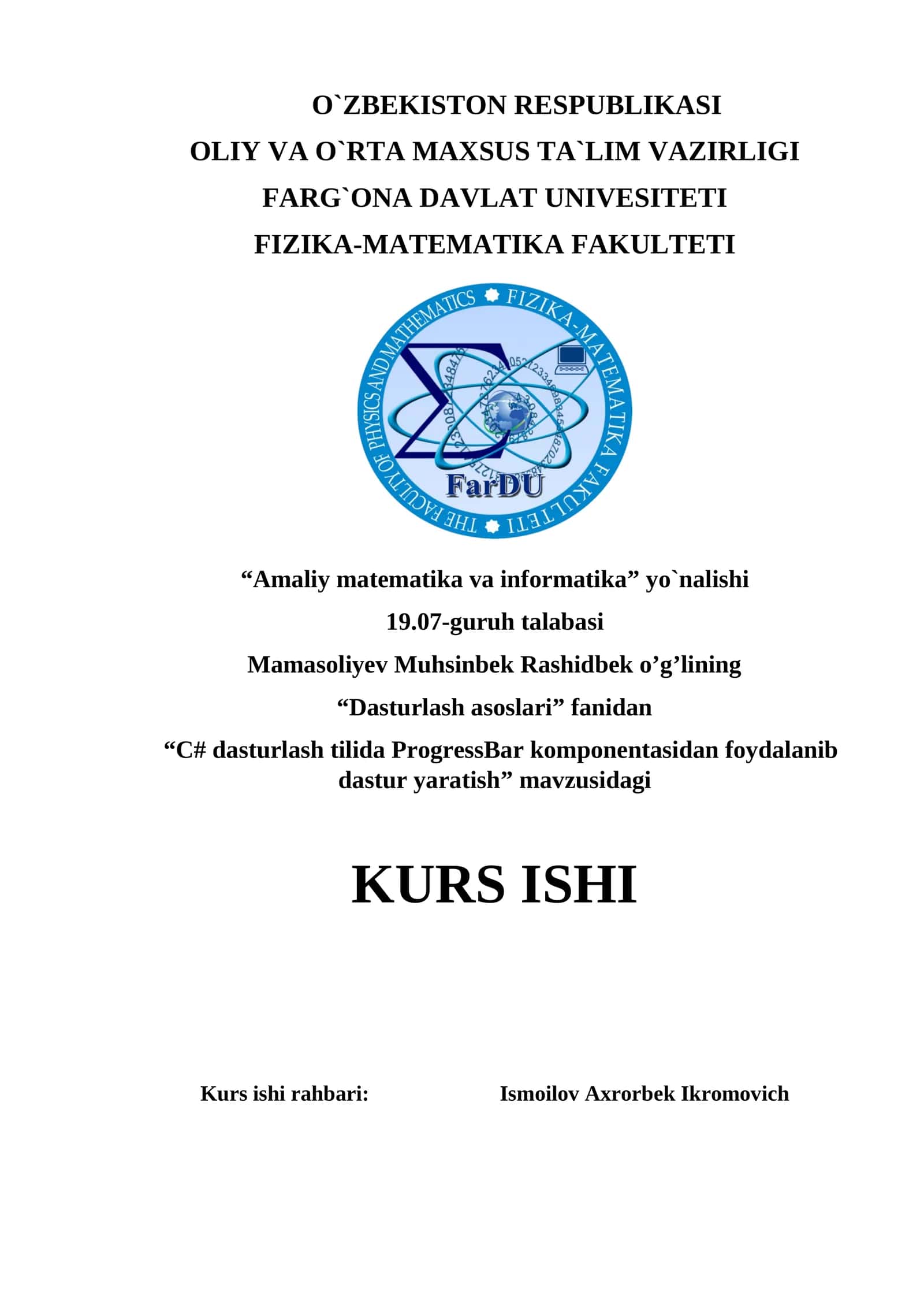 C# dasturlash tilida ProgressBar komponentasidan foydalanib dastur yaratish 1