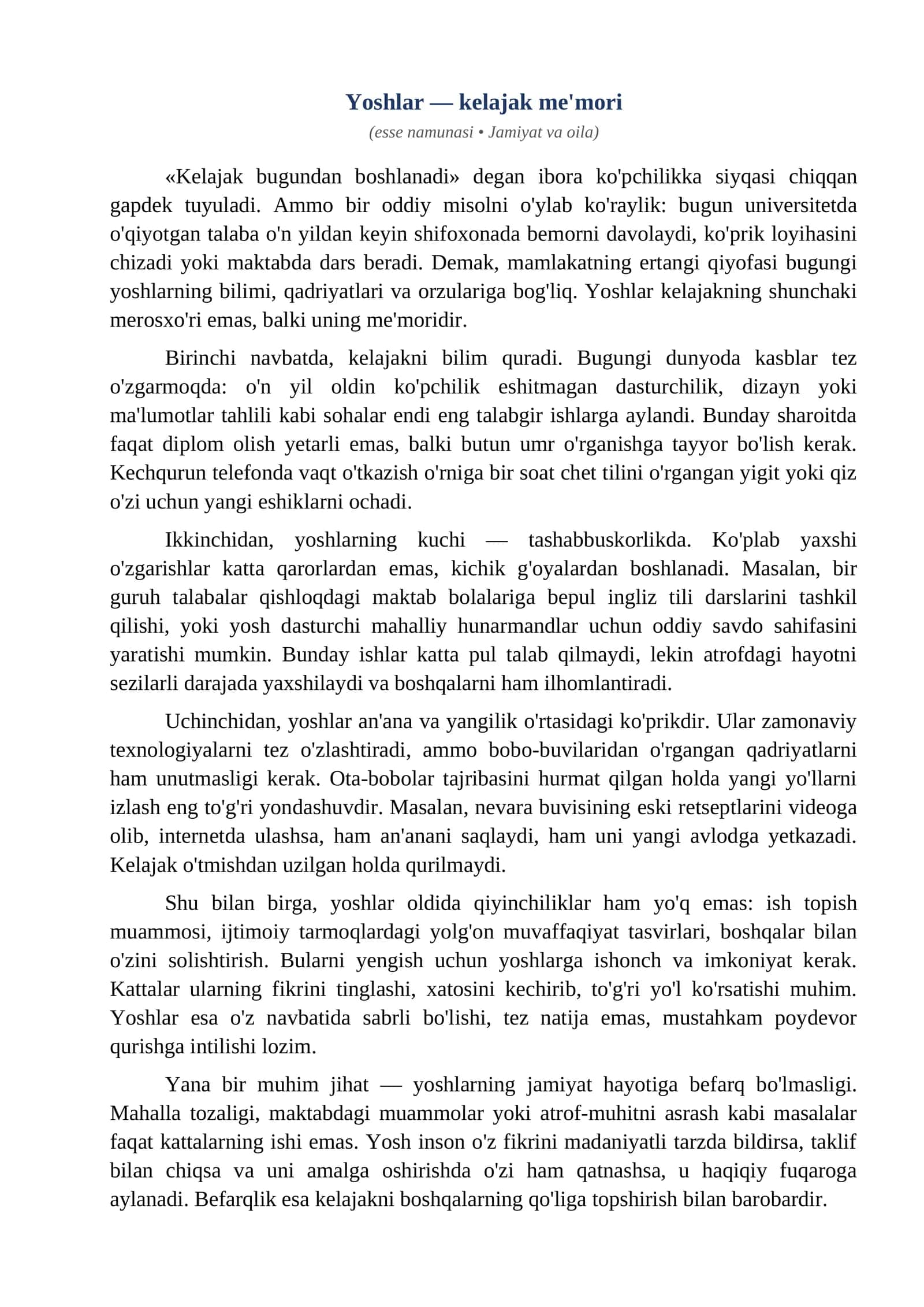 Esse Yoshlar kelajak memori 1