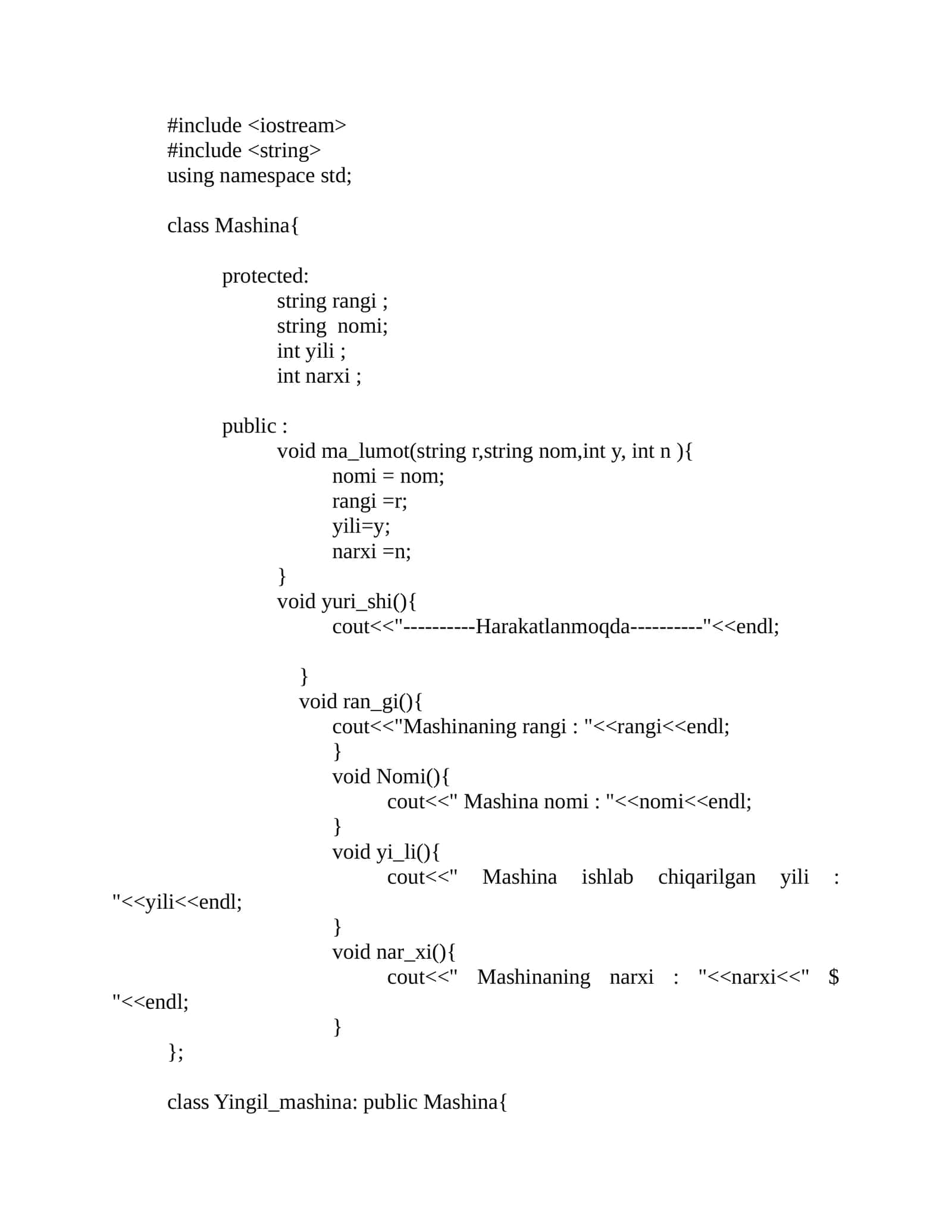 Mashina vorislik haqida kod  c++ da 1