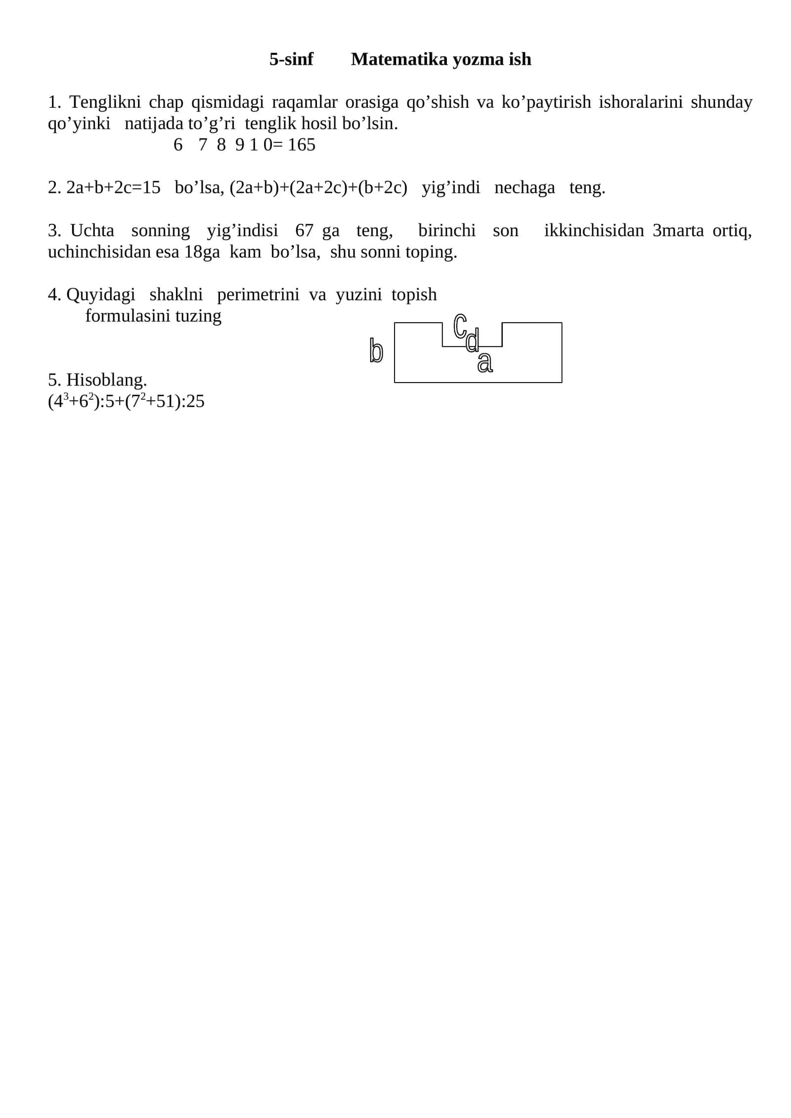 5-sinf Matematika yozma ish 1