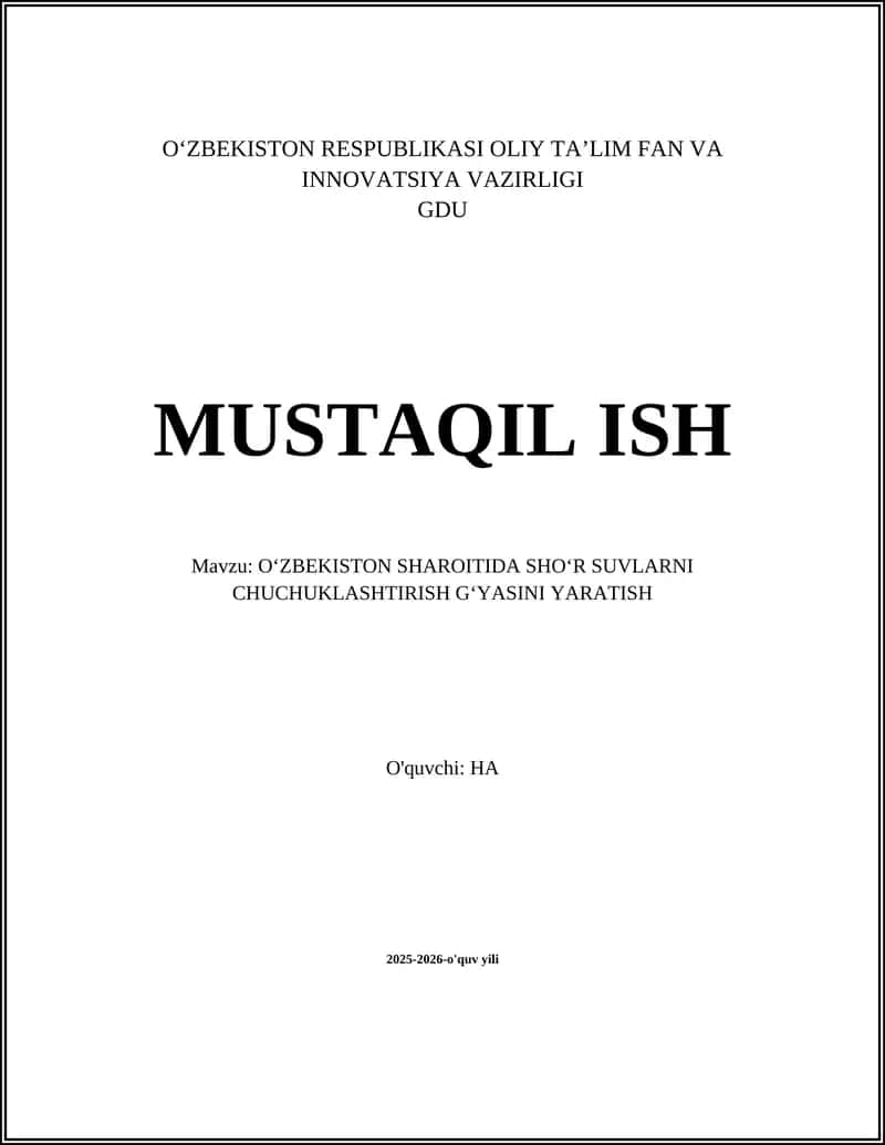 O‘ZBEKISTON SHAROITIDA SHO‘R SUVLARNI CHUCHUKLASHTIRISH G‘YASINI YARATISH 1