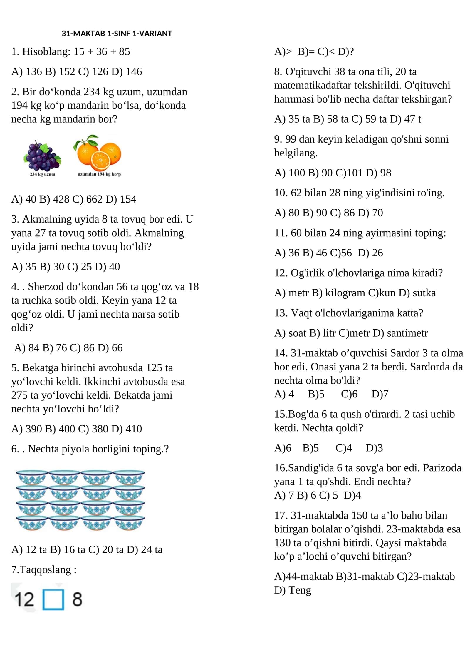 1-sinf Matematika test 1