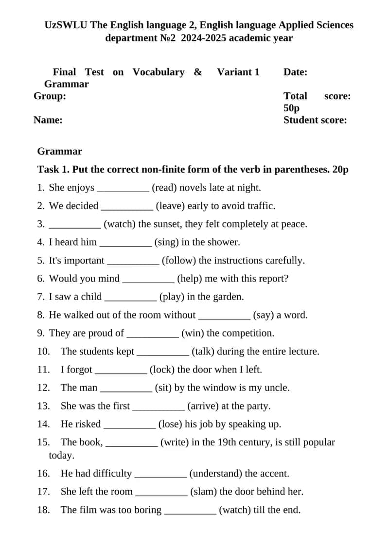 Final Test on Vocabulary & Grammar 1
