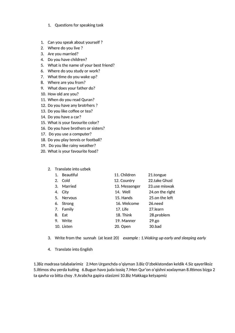 Questions for speaking task 1
