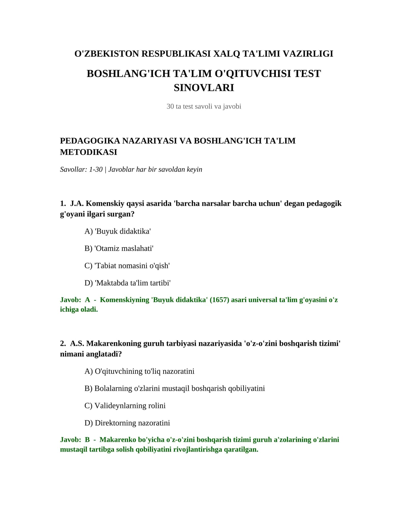 BOSHLANG'ICH TA'LIM O'QITUVCHISI TEST SINOVLARI 1